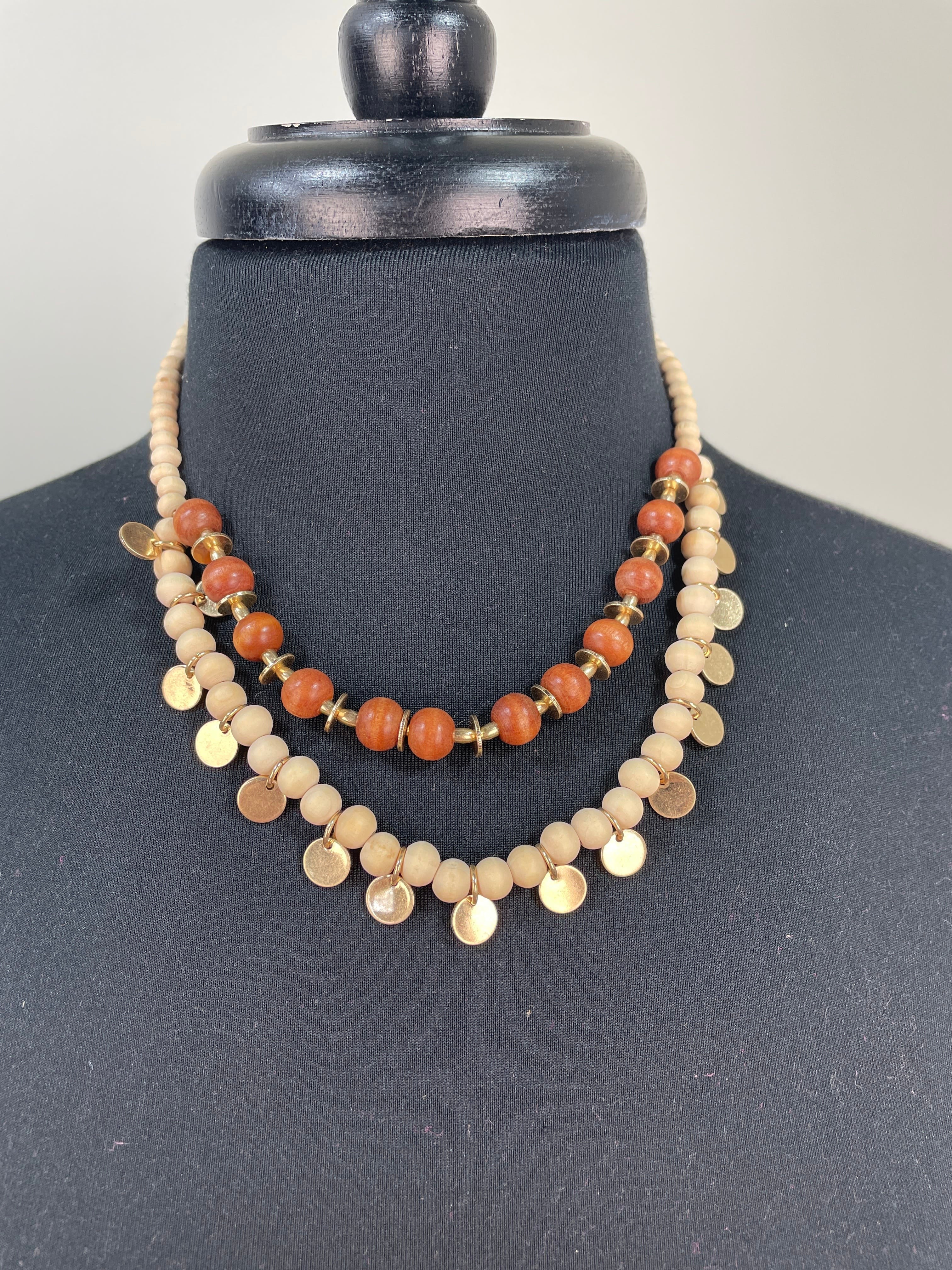 Ivory Wood Disk Charm Beaded Necklace