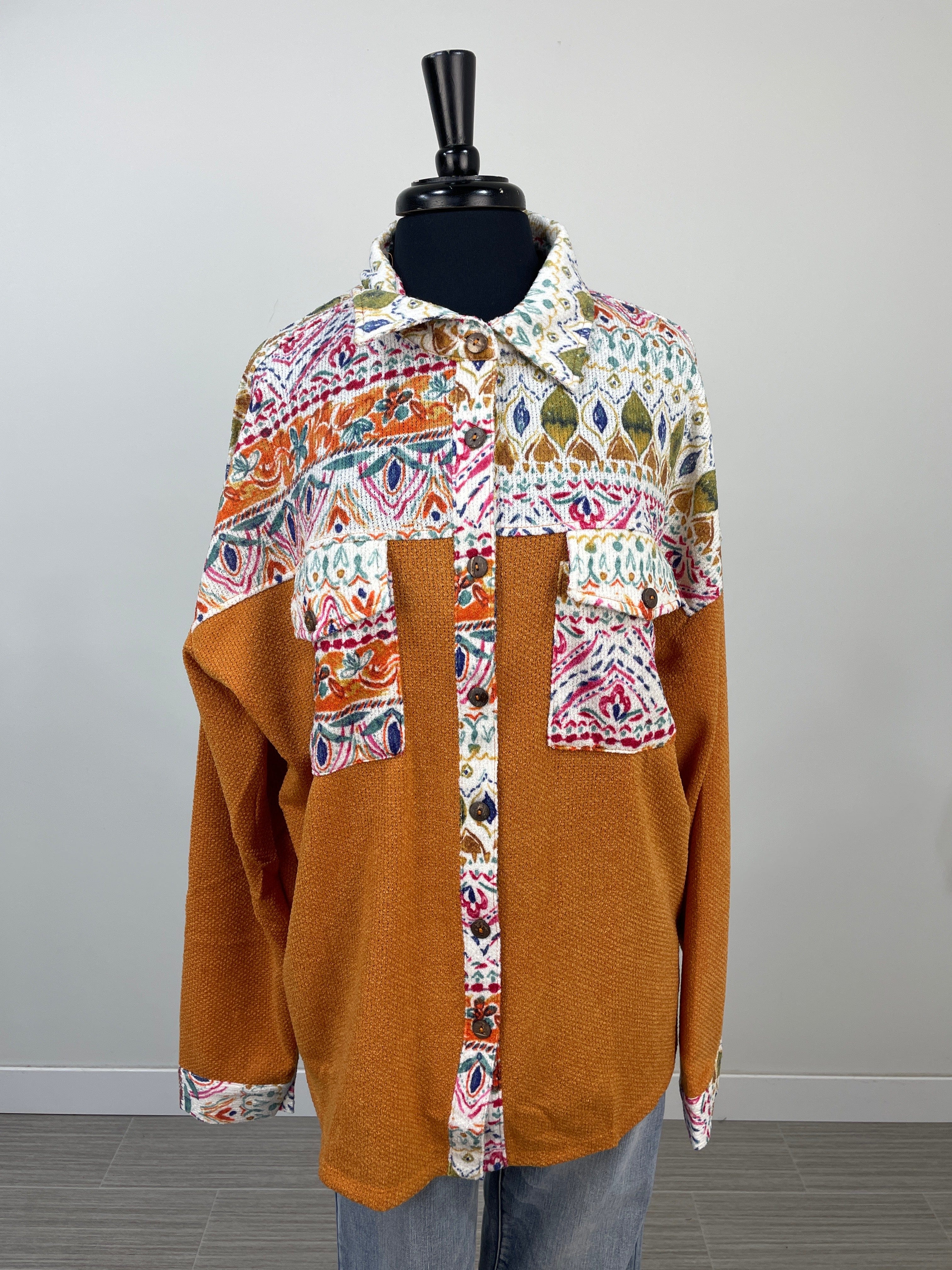 Mustard Multi Print Front Pocket Button Closure Top