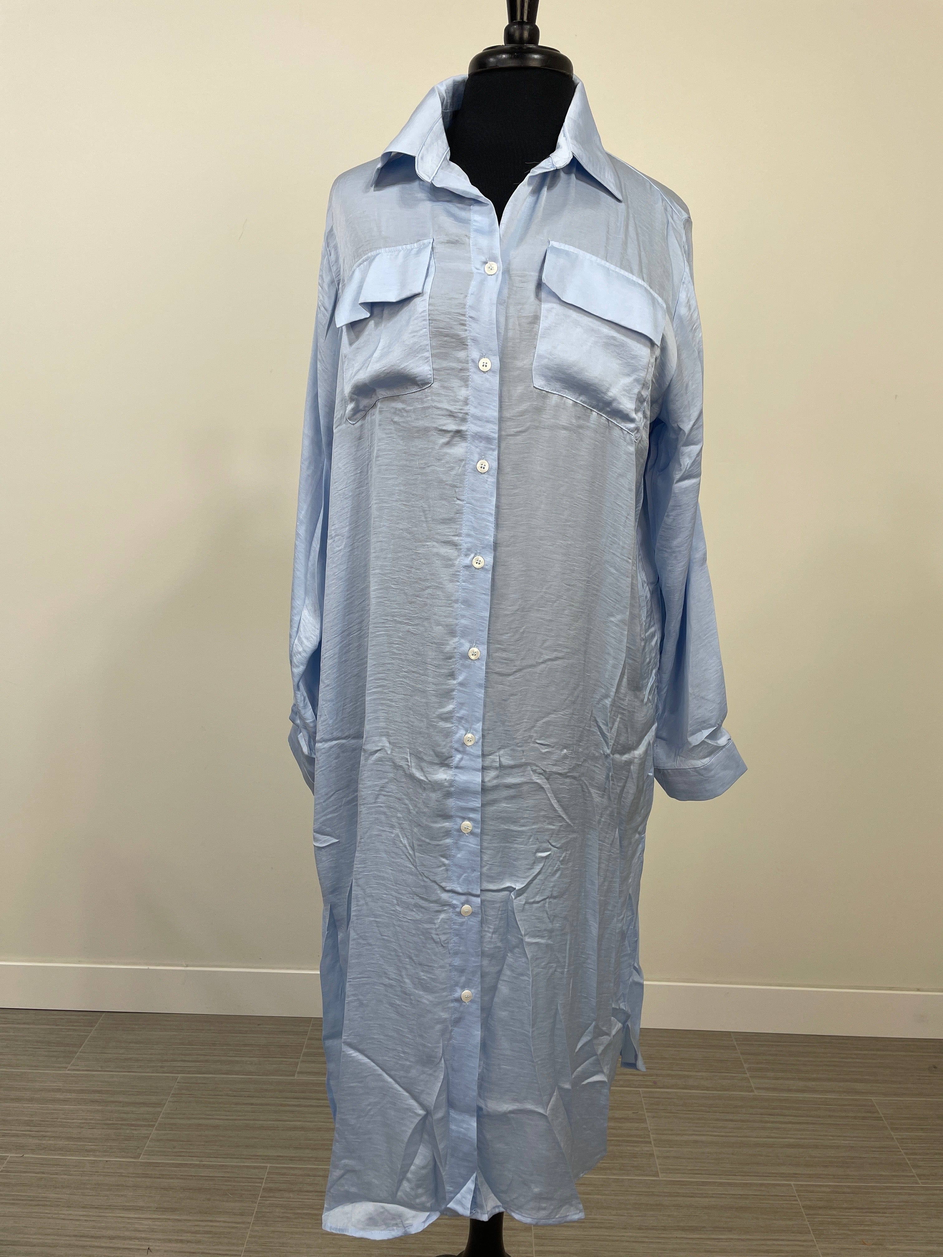Light Blue Satin Button Down with High Slit Midi Dress