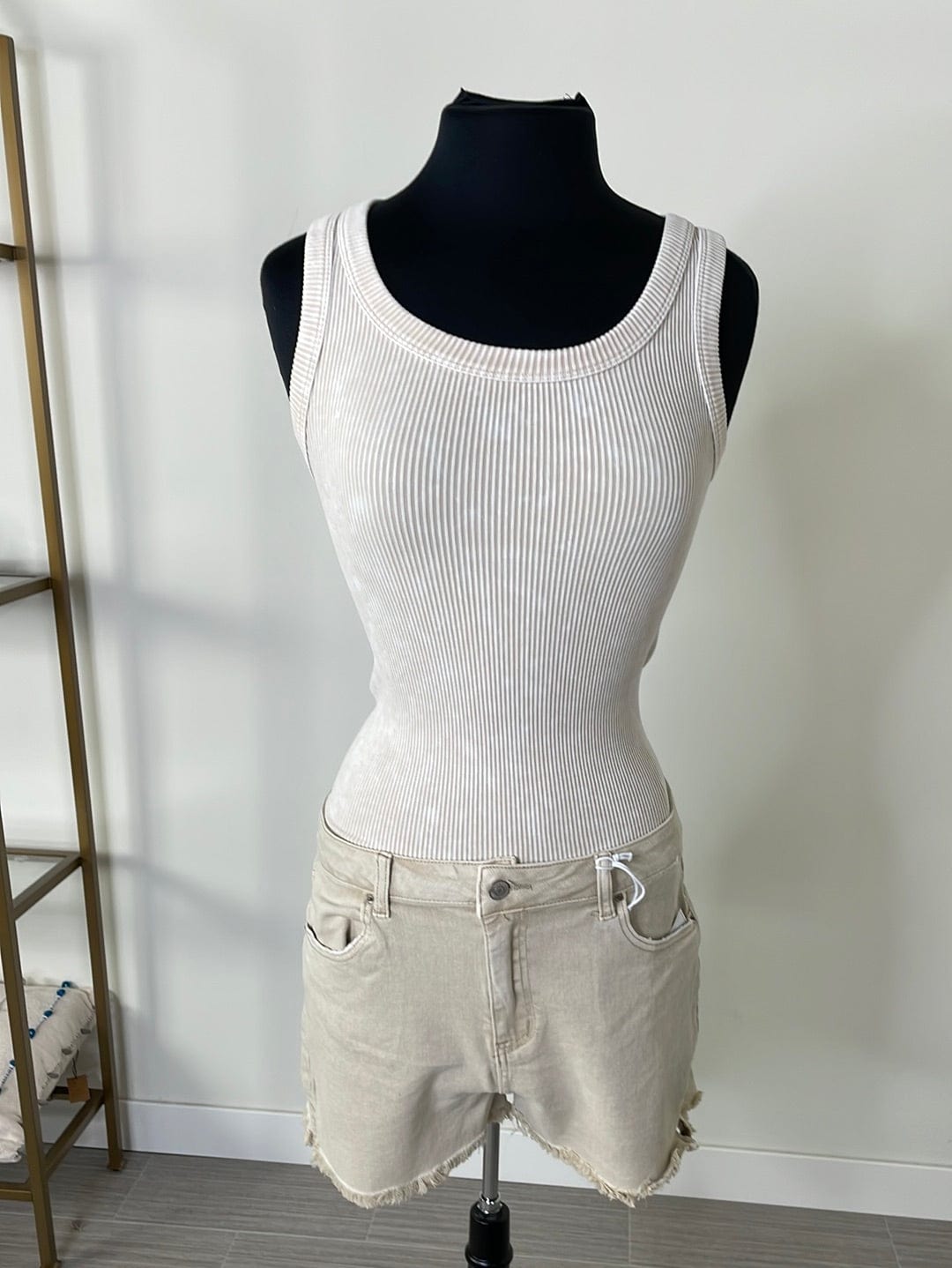 Sand Beige Washed Ribbed Tank