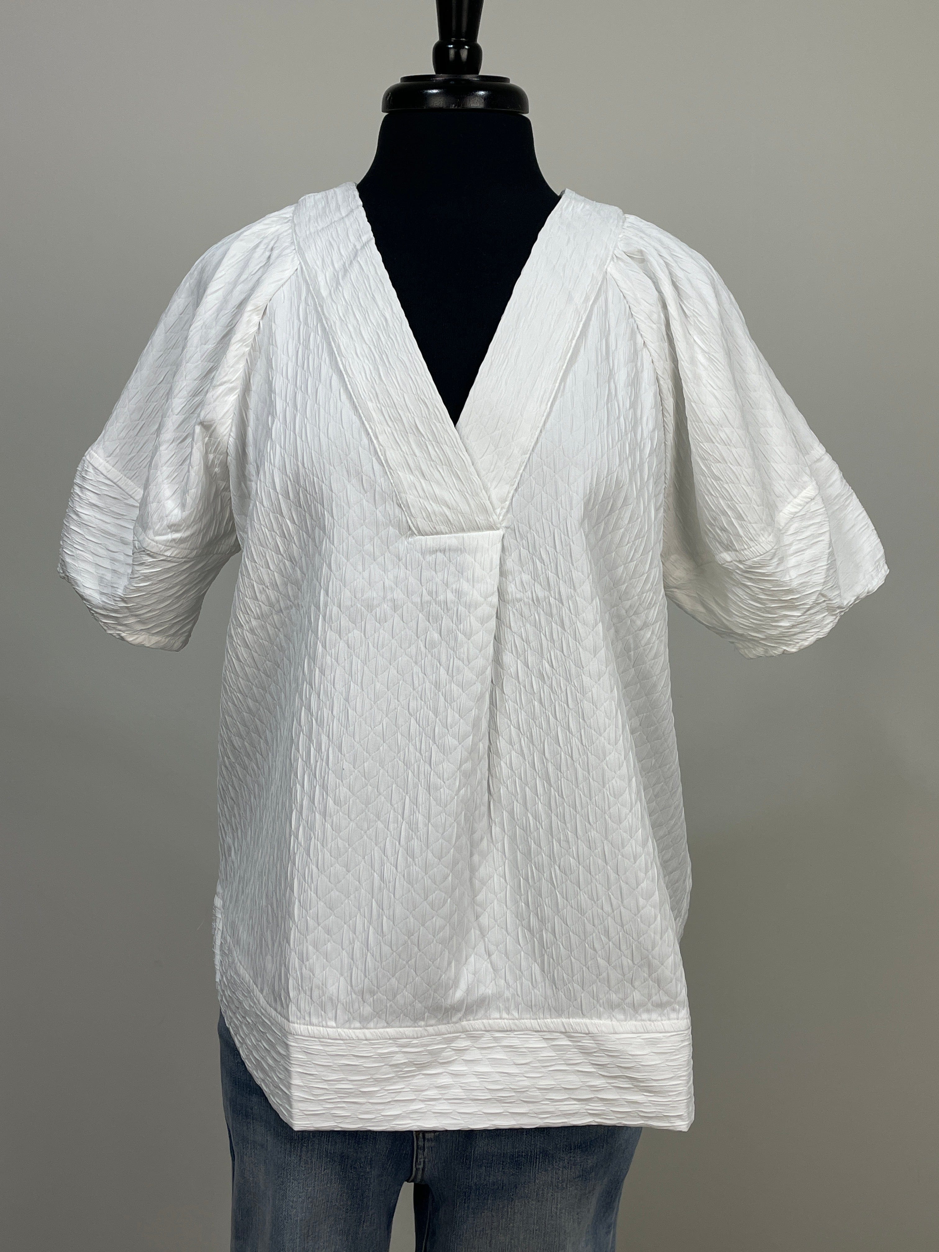 White Texture V-Neck Blouse