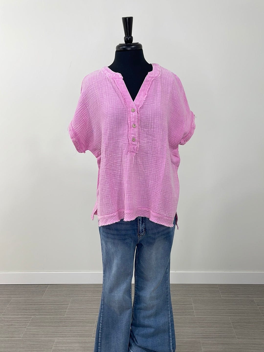 Candy Pink Gauze 3/4 Button Henley Top