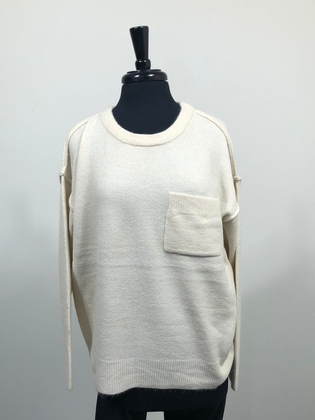 Sand Beige Pocket Round Neck Sweater