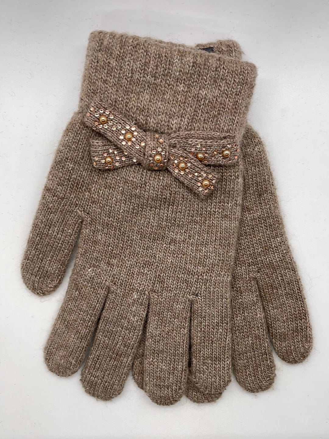 Taupe Sparkly Bow Knit Gloves