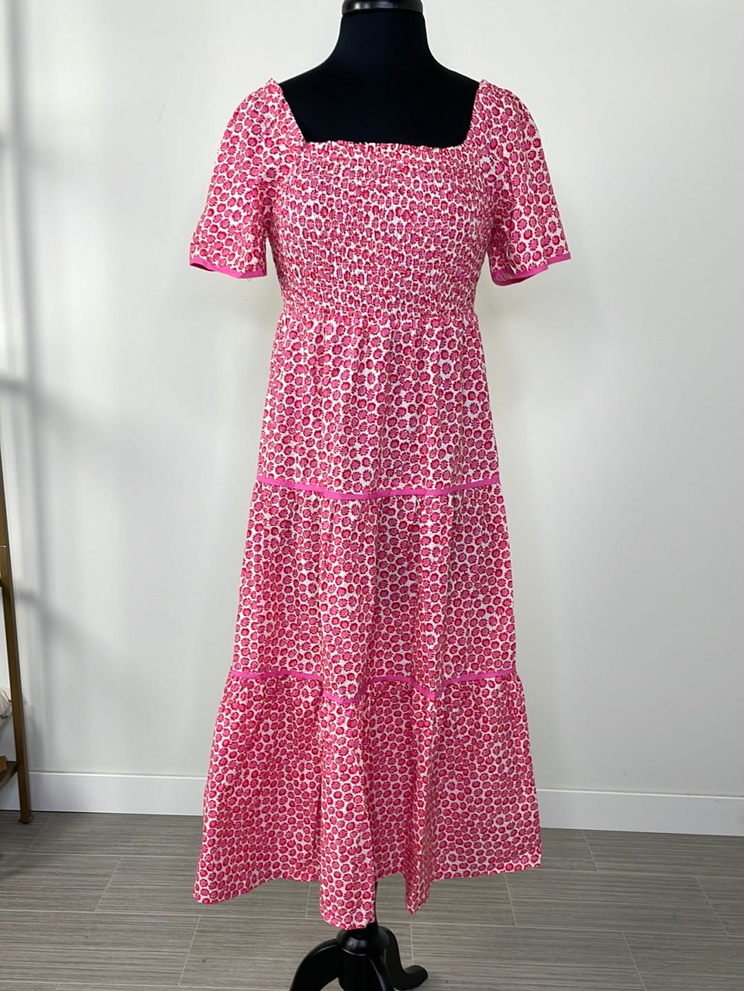 Pink Floral Smocked Tiered Dress
