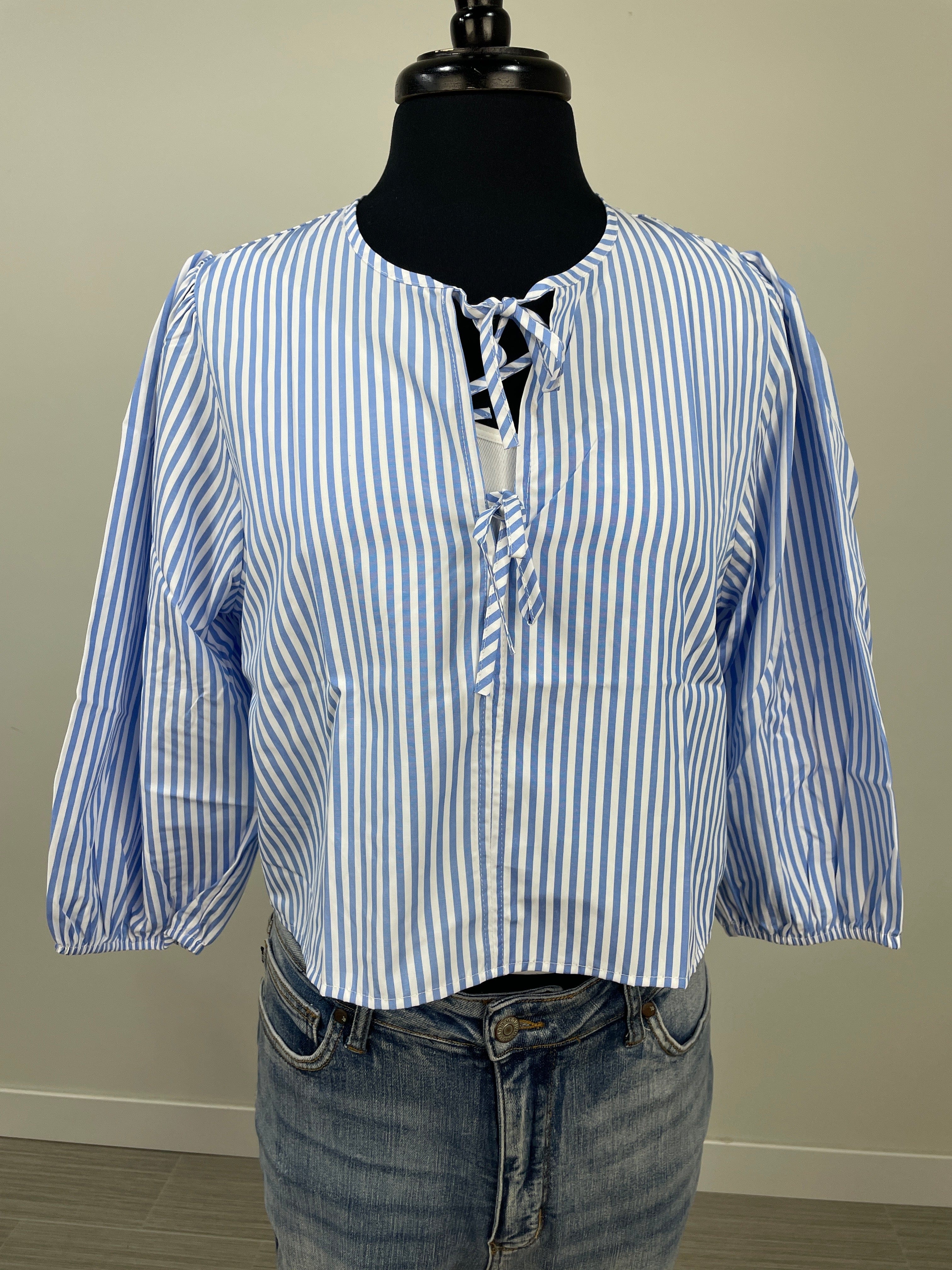 Blue Stripe Tie Keyhole Front Blouse