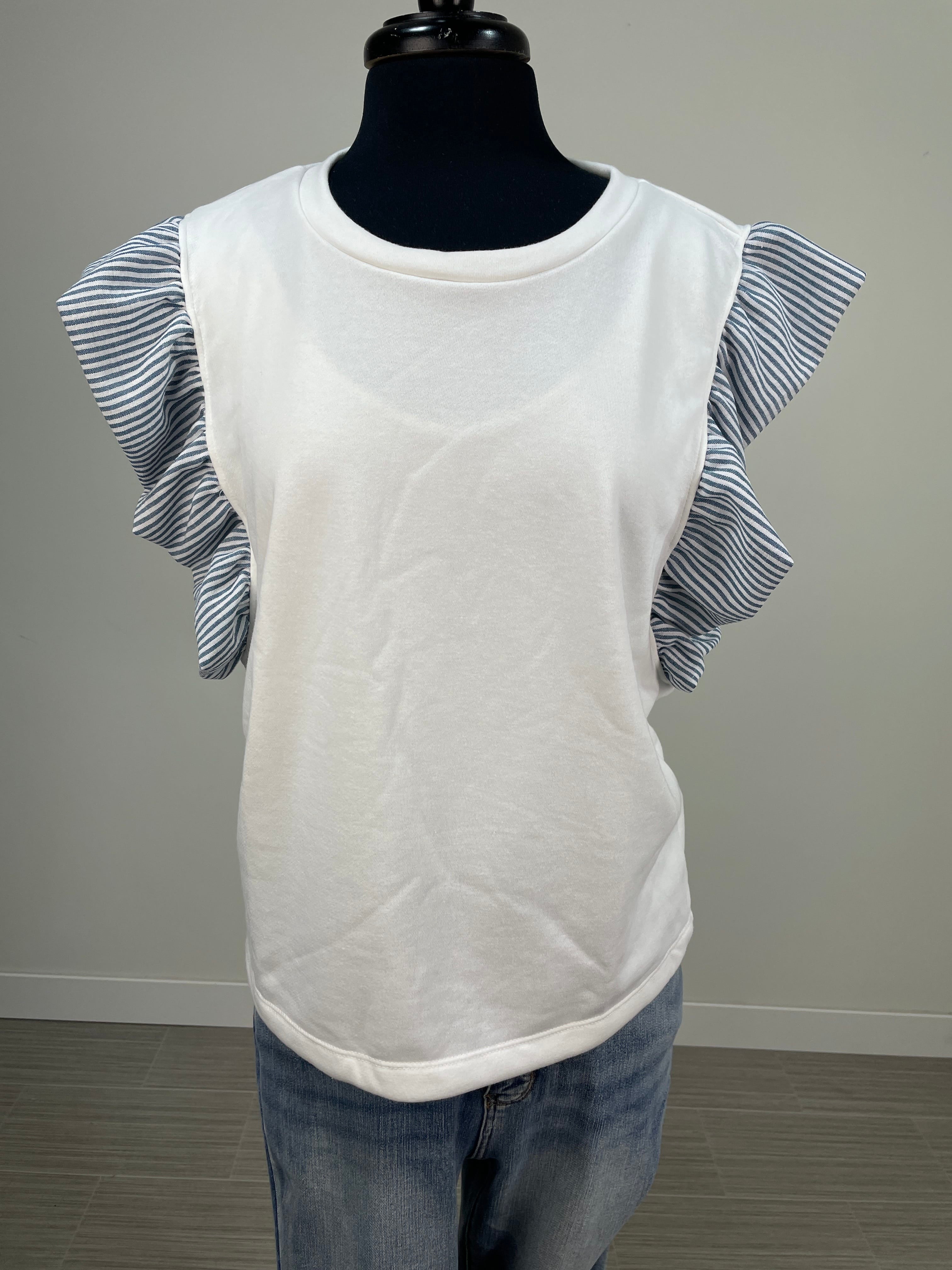 Off White Denim Stripe Ruffle Sleeve Top