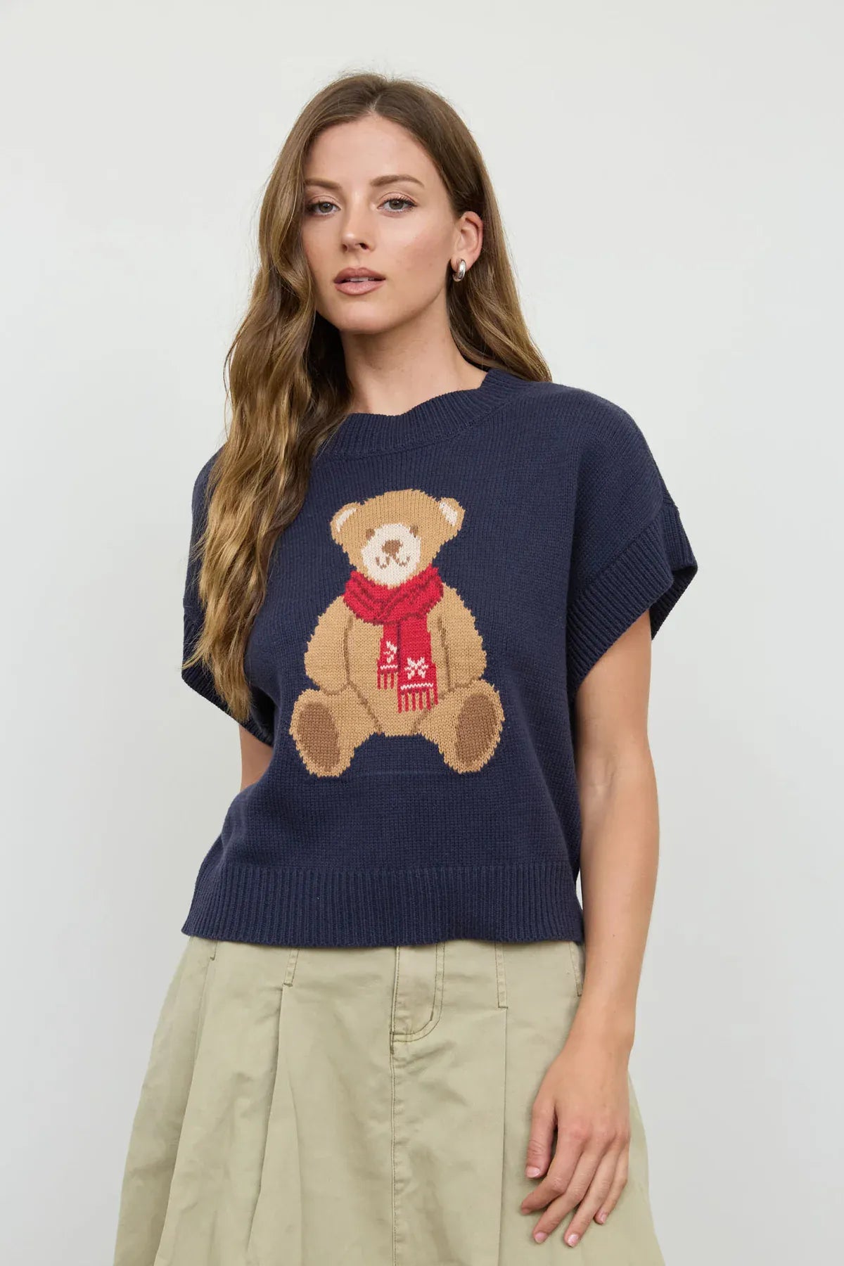Navy Teddy Bear Knit Short Sleeve Sweater