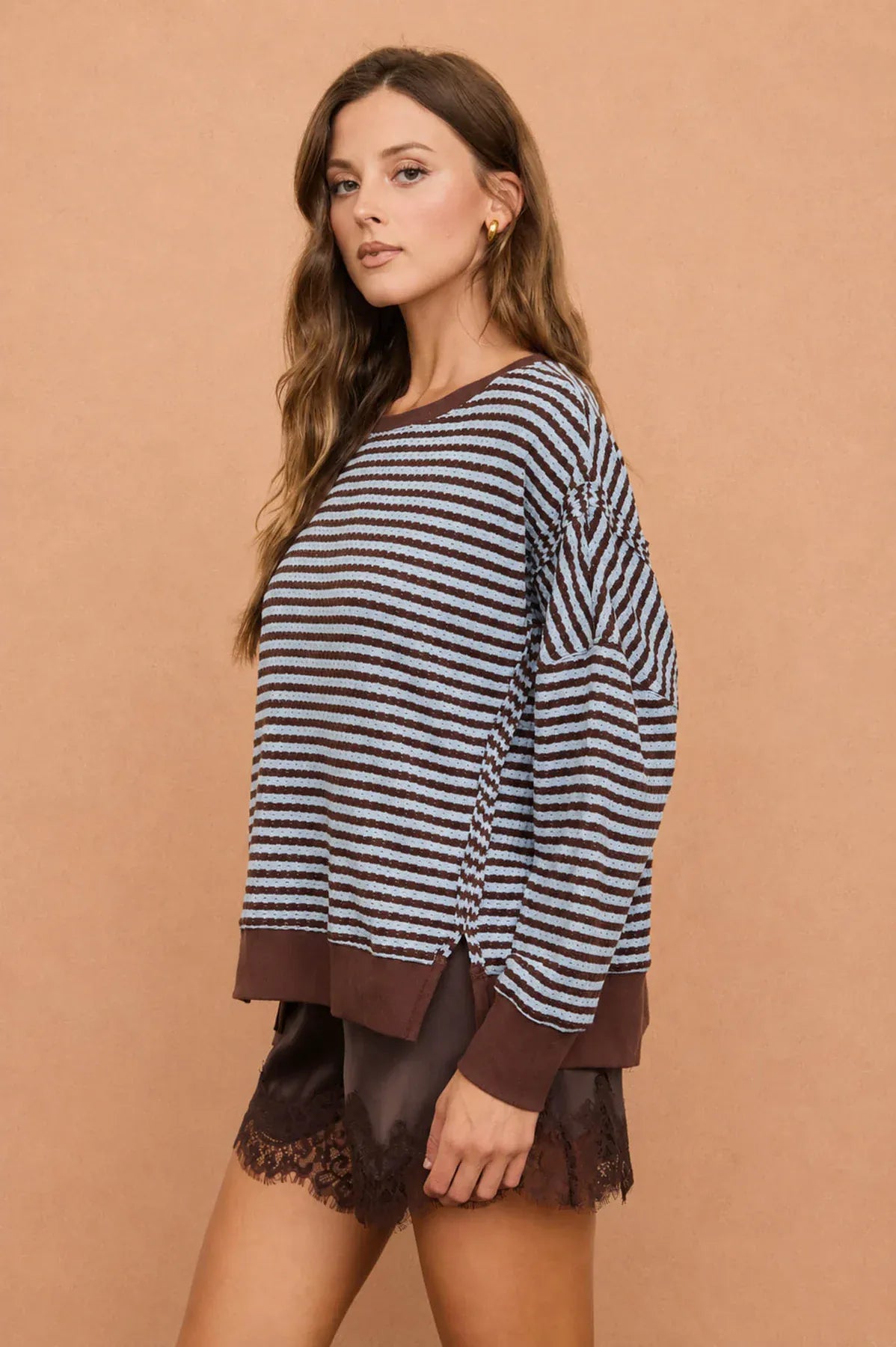 Blue & Brown Stripe Exposed Split Hem Knit Top