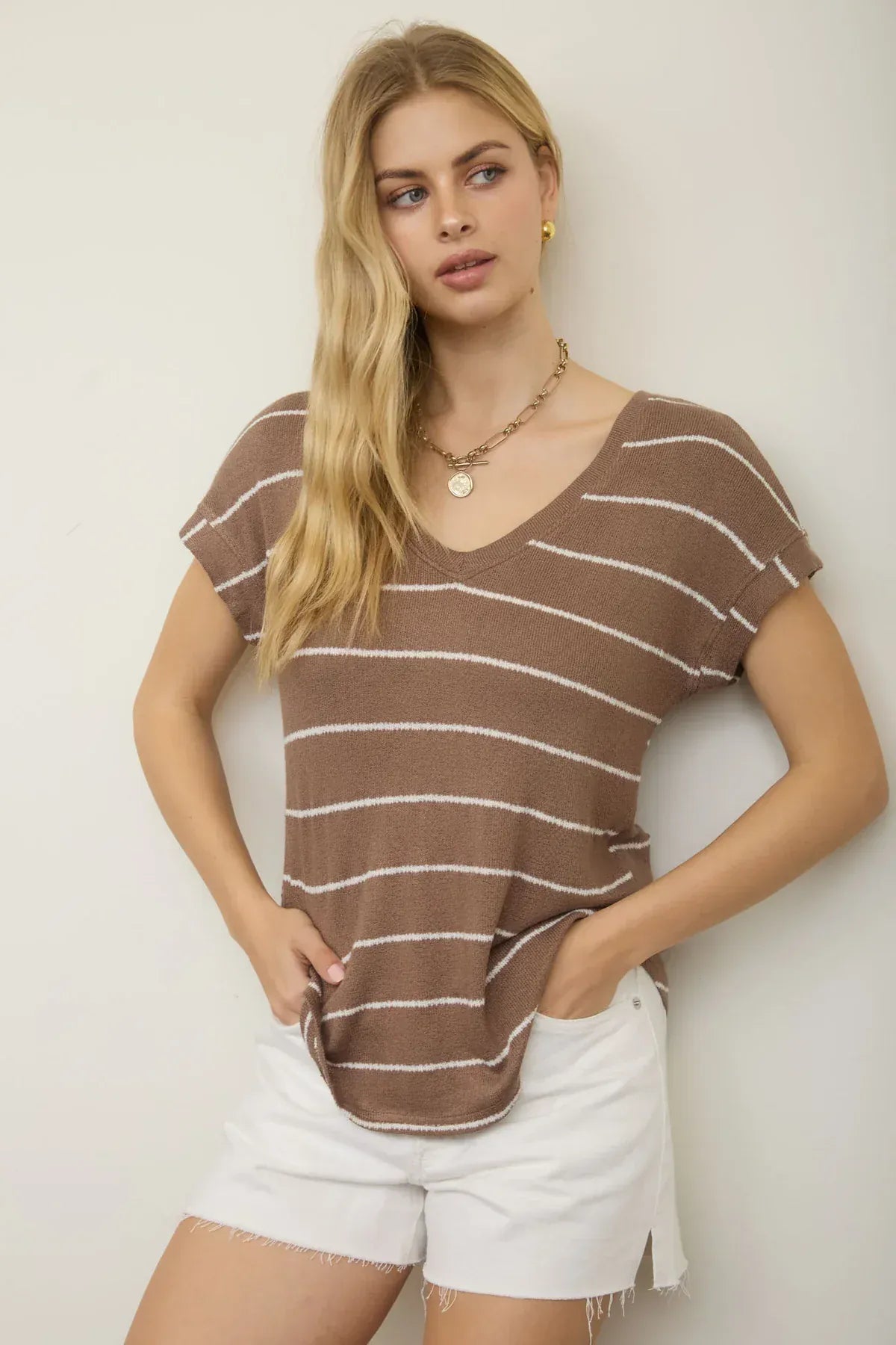 Mocha Stripe V-Neck Knit Top