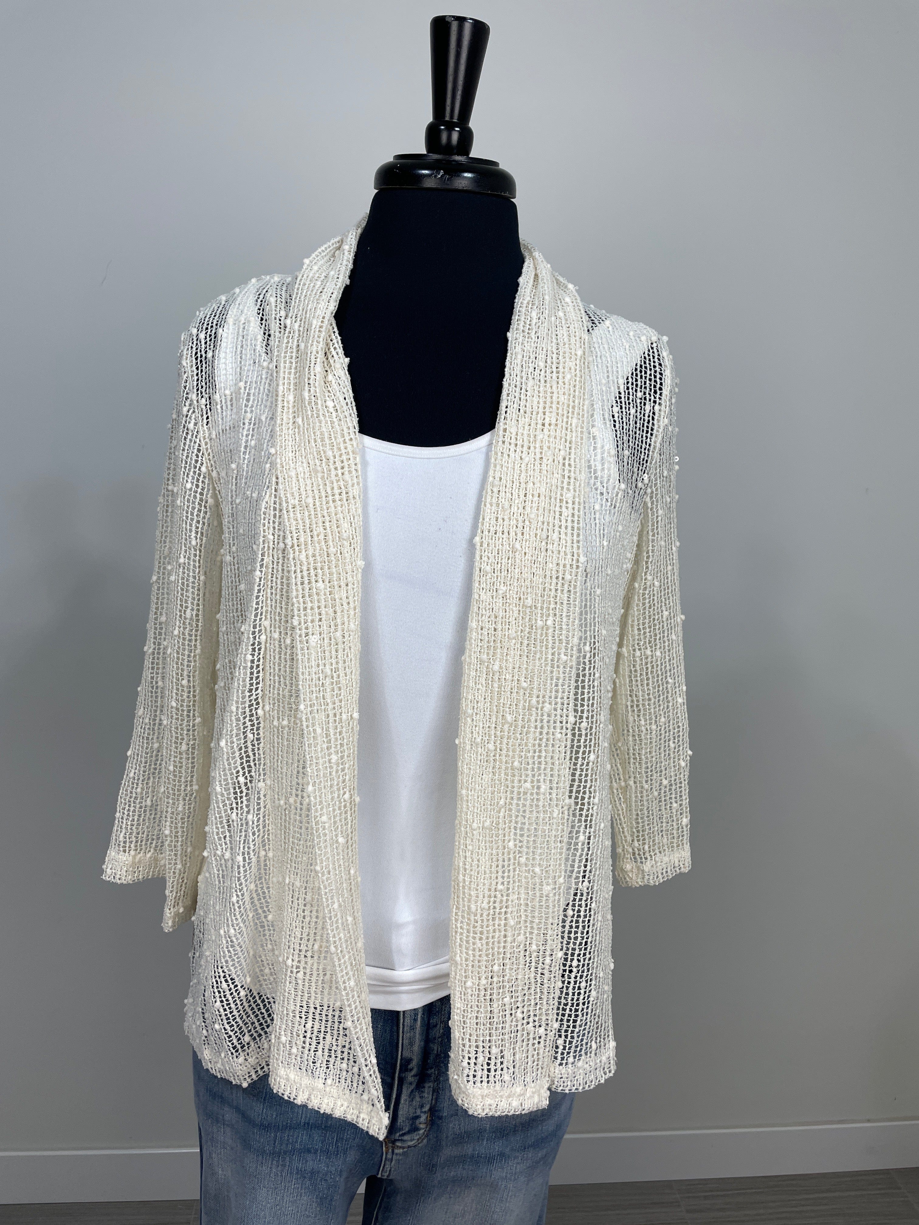 Cream Sequin Open Mesh Cardigan
