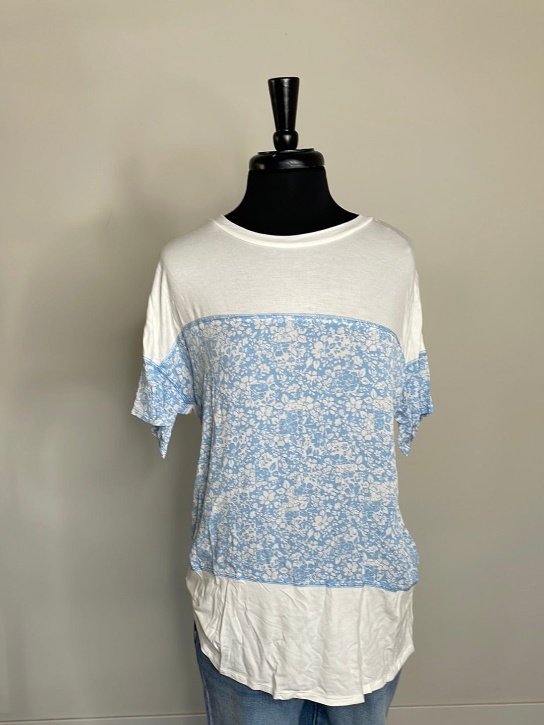 Ivory & Blue Floral Colorblock Top