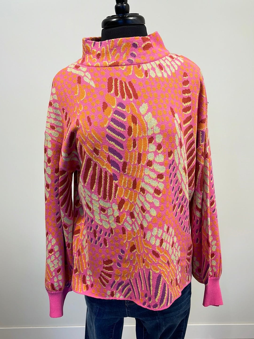 Pink Abstract Mock Neck Sweater