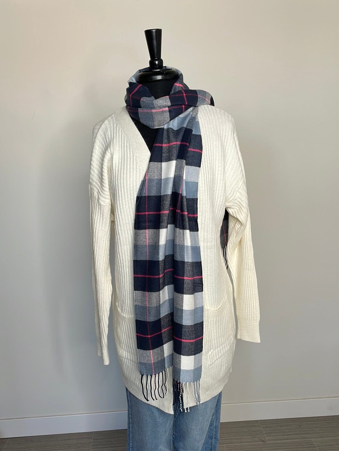 Cashmere Feel Scarf Navy & Pink Plaid