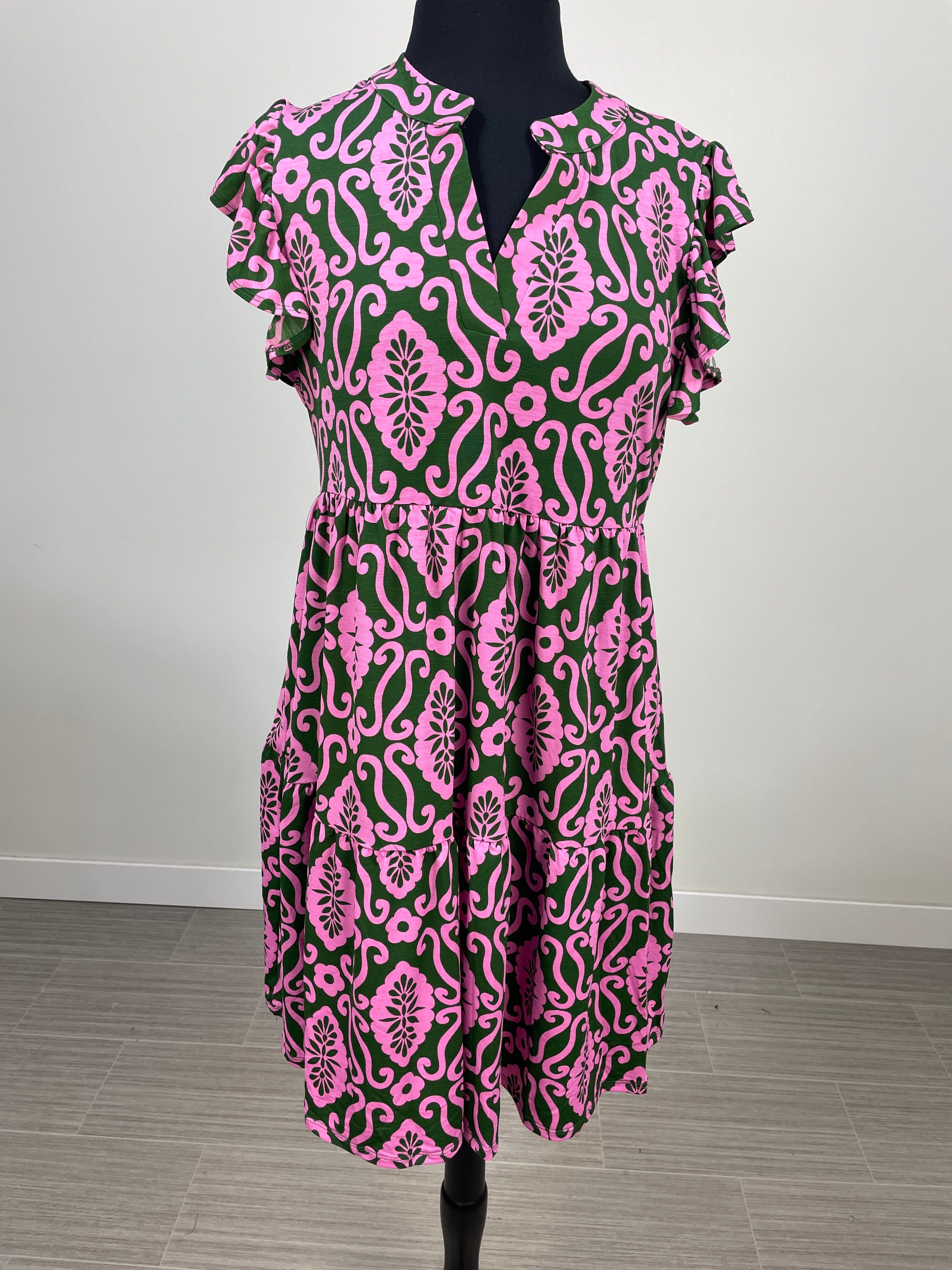 Moss Green Floral Ruffle Sleeve Tier Dress