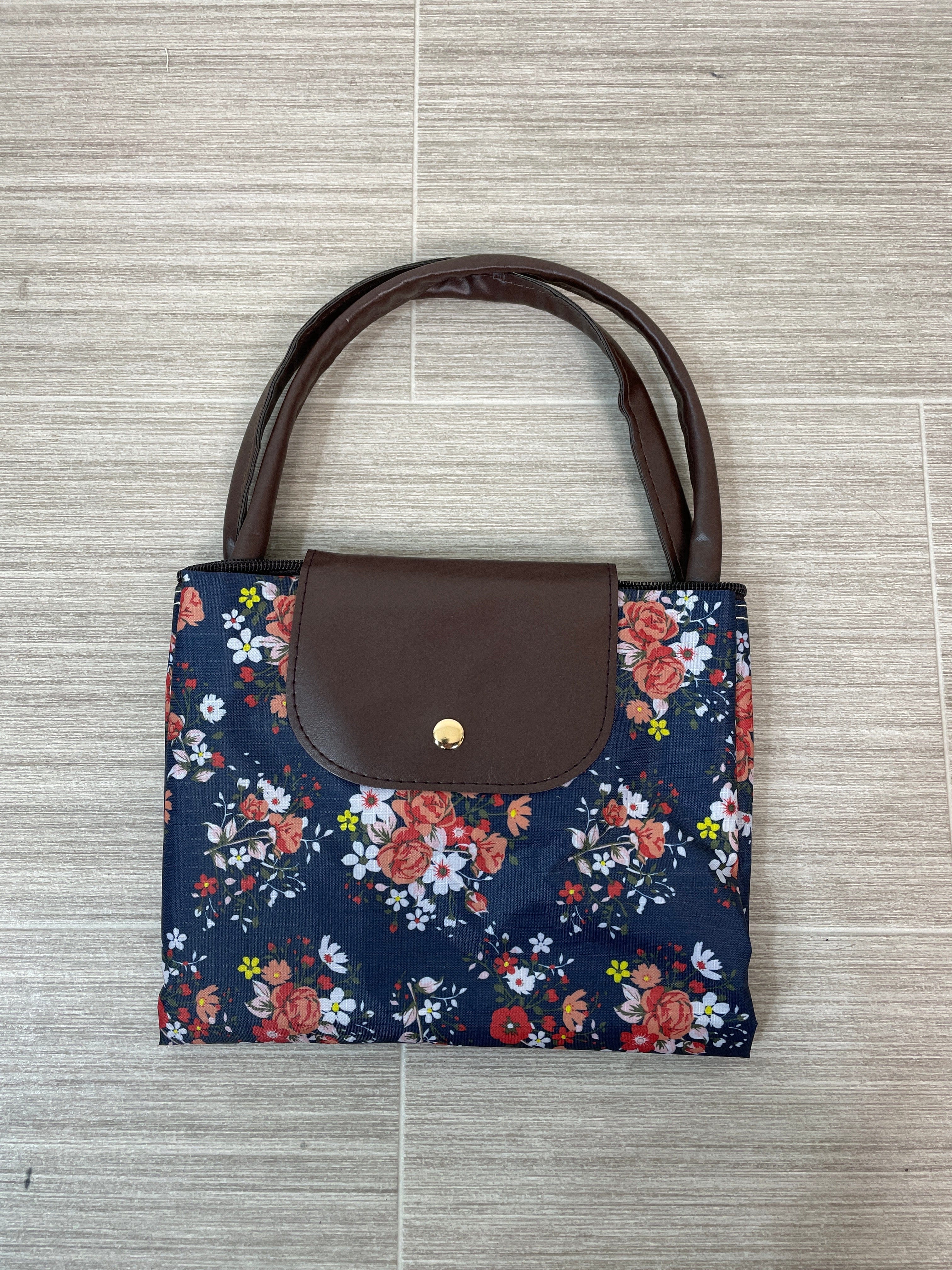 Navy Floral Foldable Travel Tote