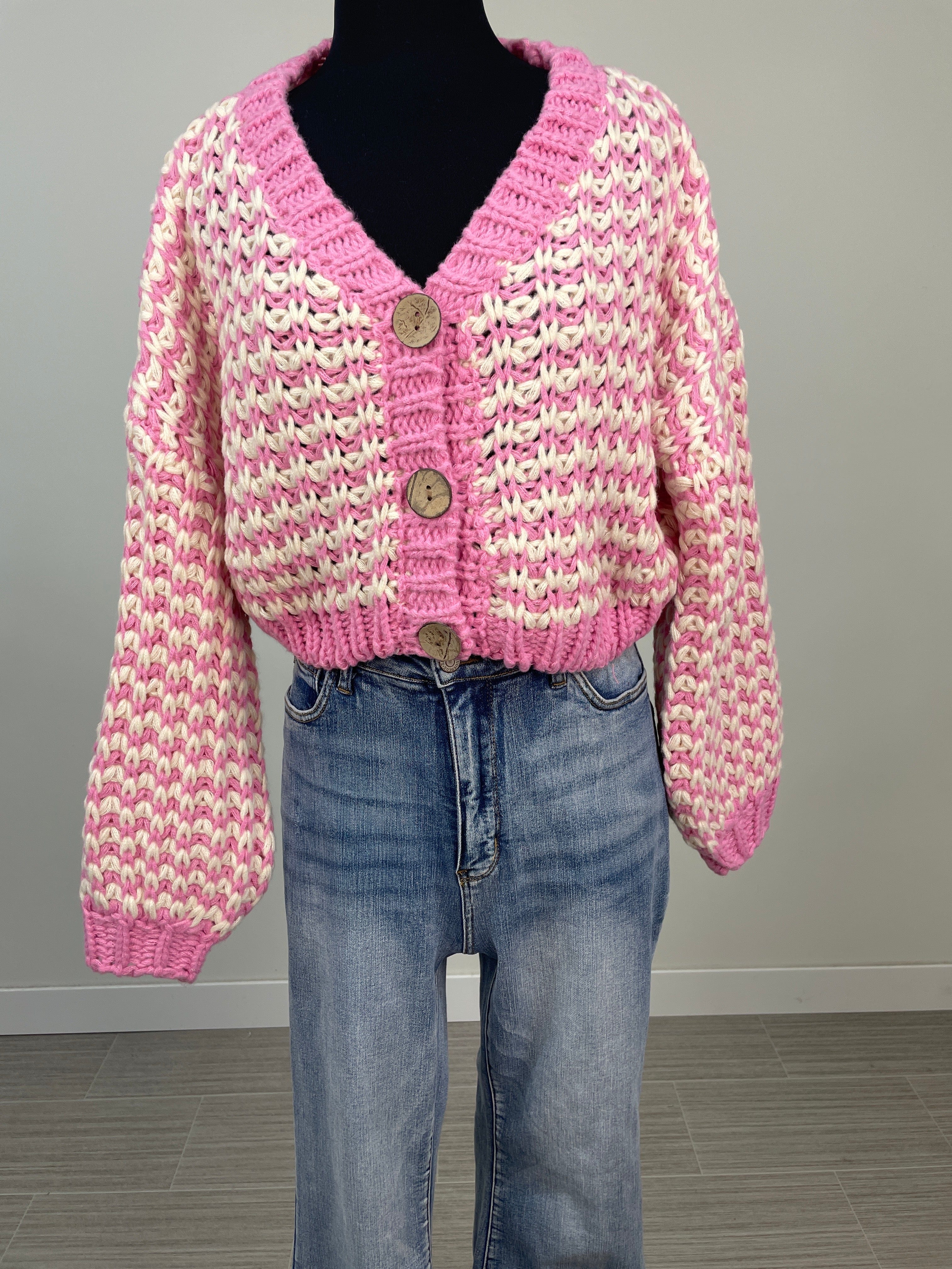 Pink Chunky Knit Cropped Cardigan