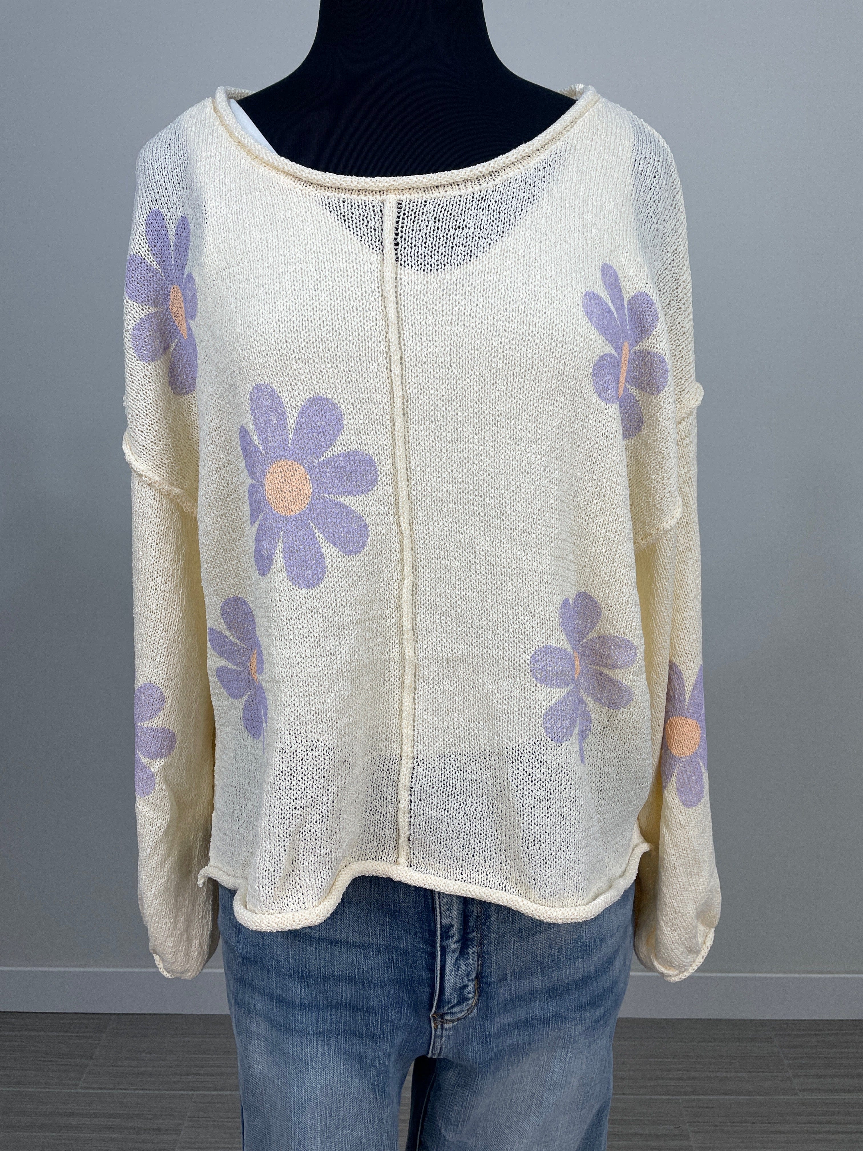 Cream with Lavender Daisy Sweater