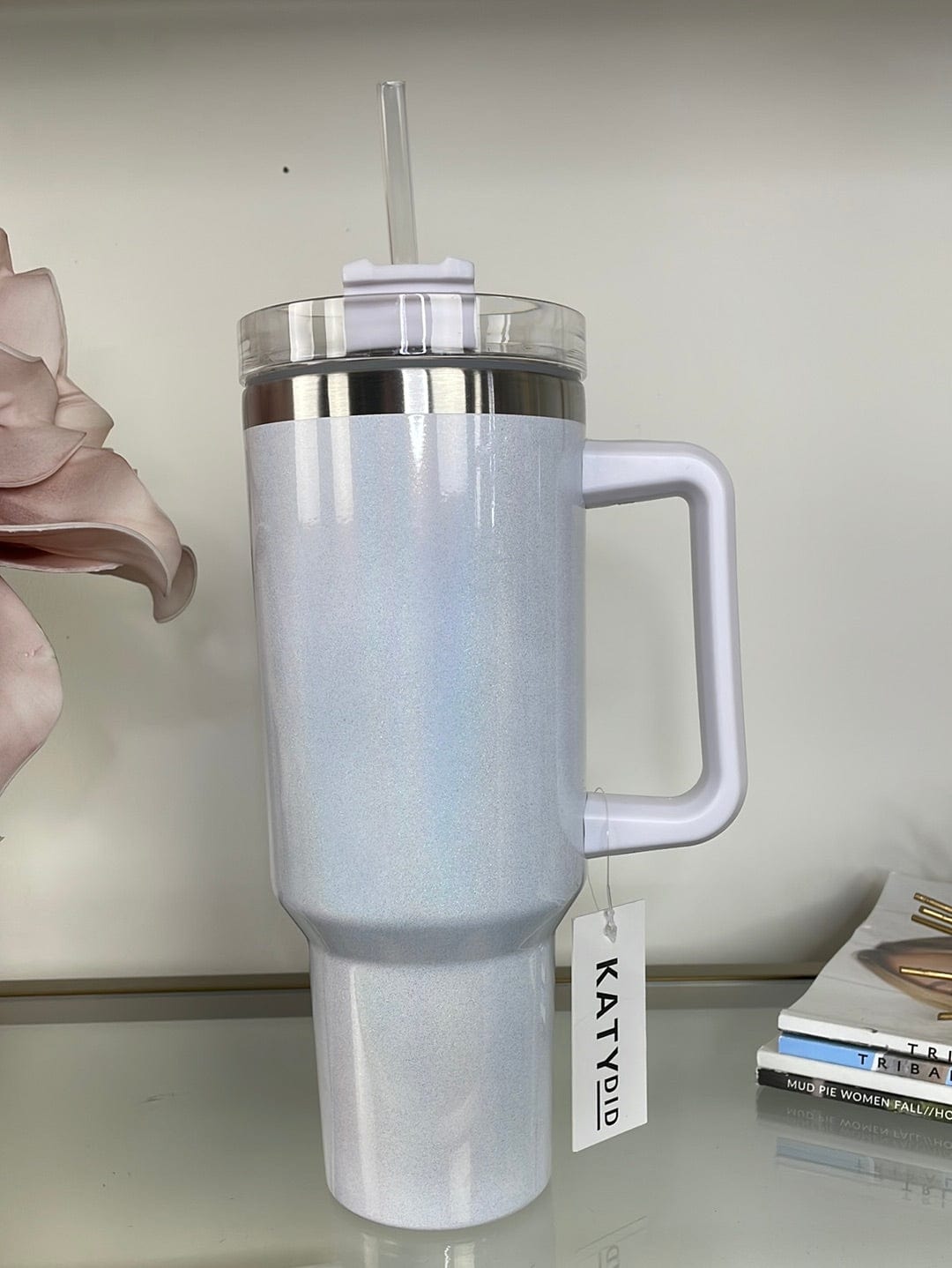White Glitter Jeanie 40oz Tumbler w/Handle