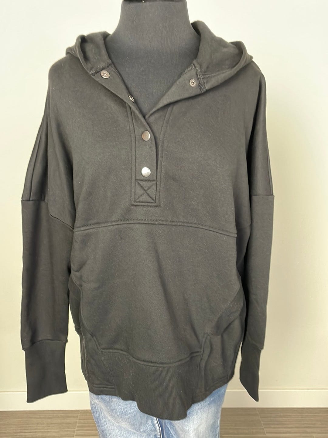 Black Half Button Hooded Pullover