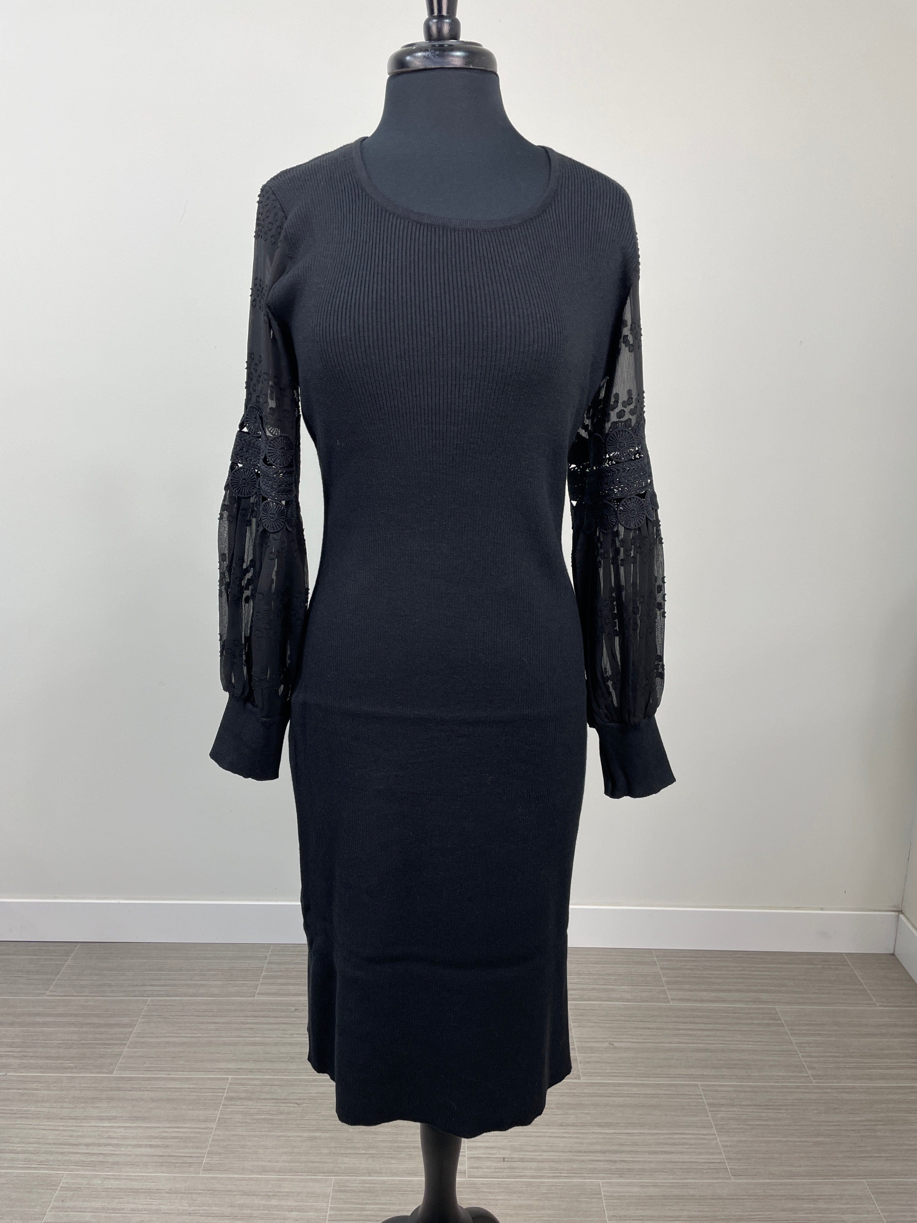 Black Sweater Dress with Lace Balloon Sleeves