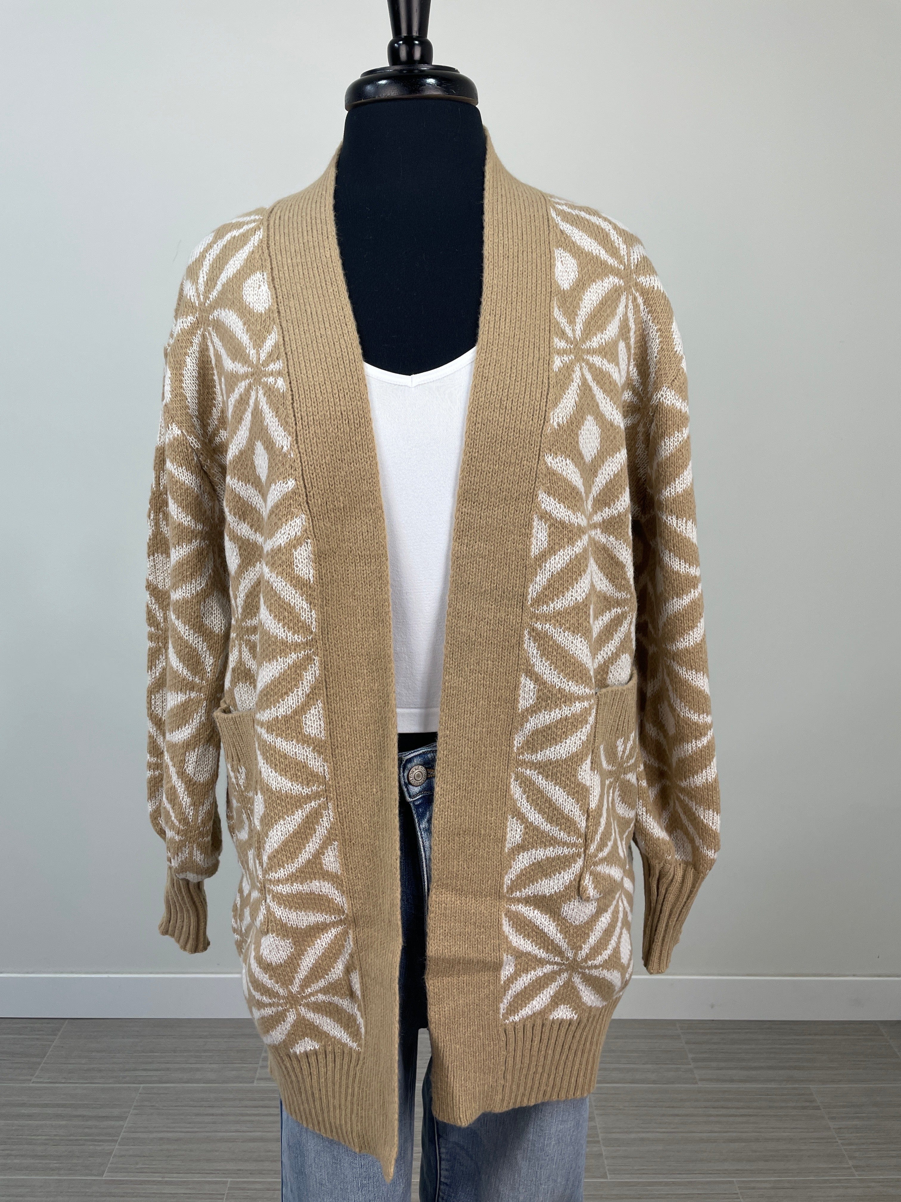 Camel & White Floral Tile Cardigan