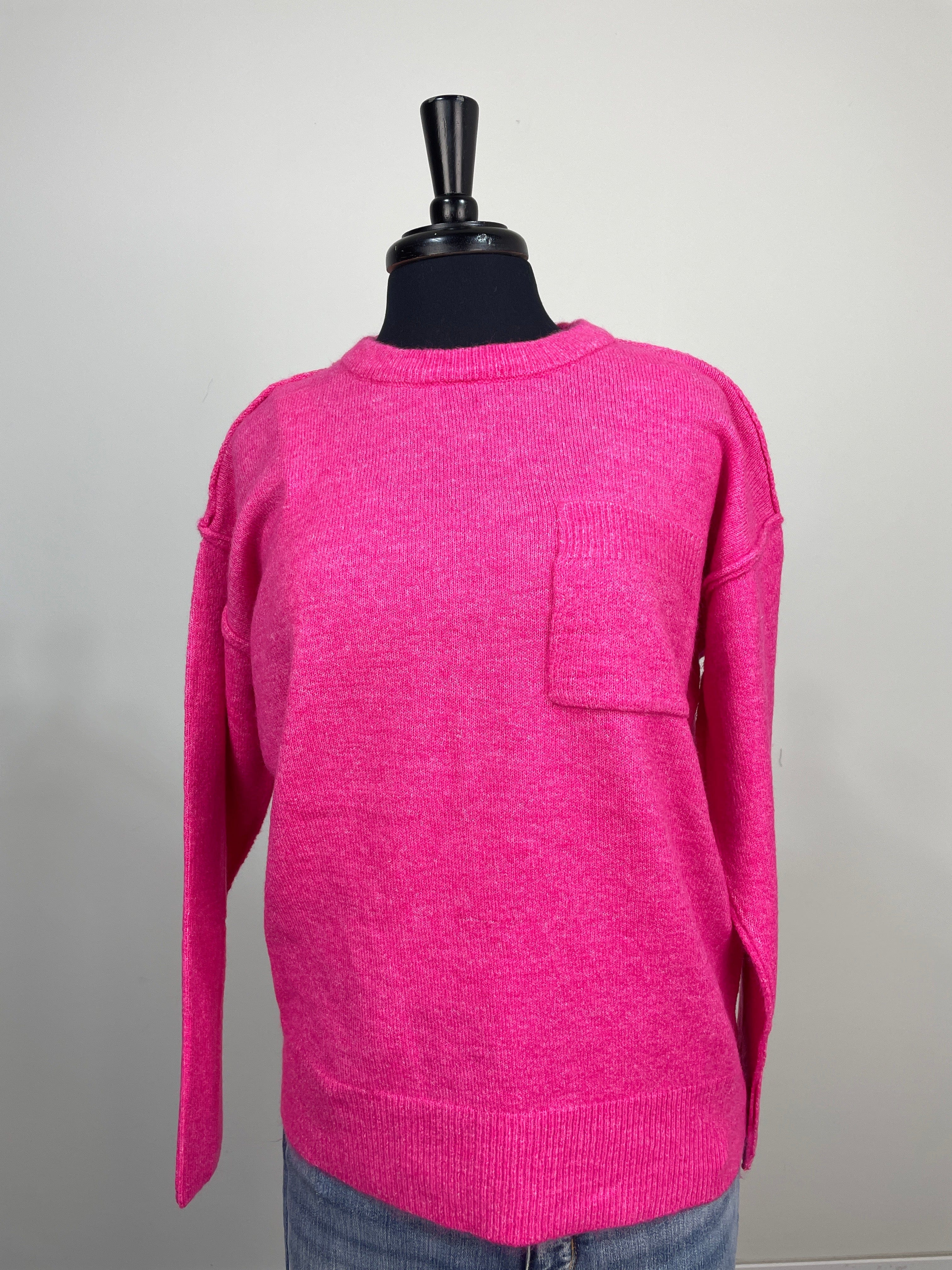 Heathered Fuchsia Pocket Round Neck Sweater