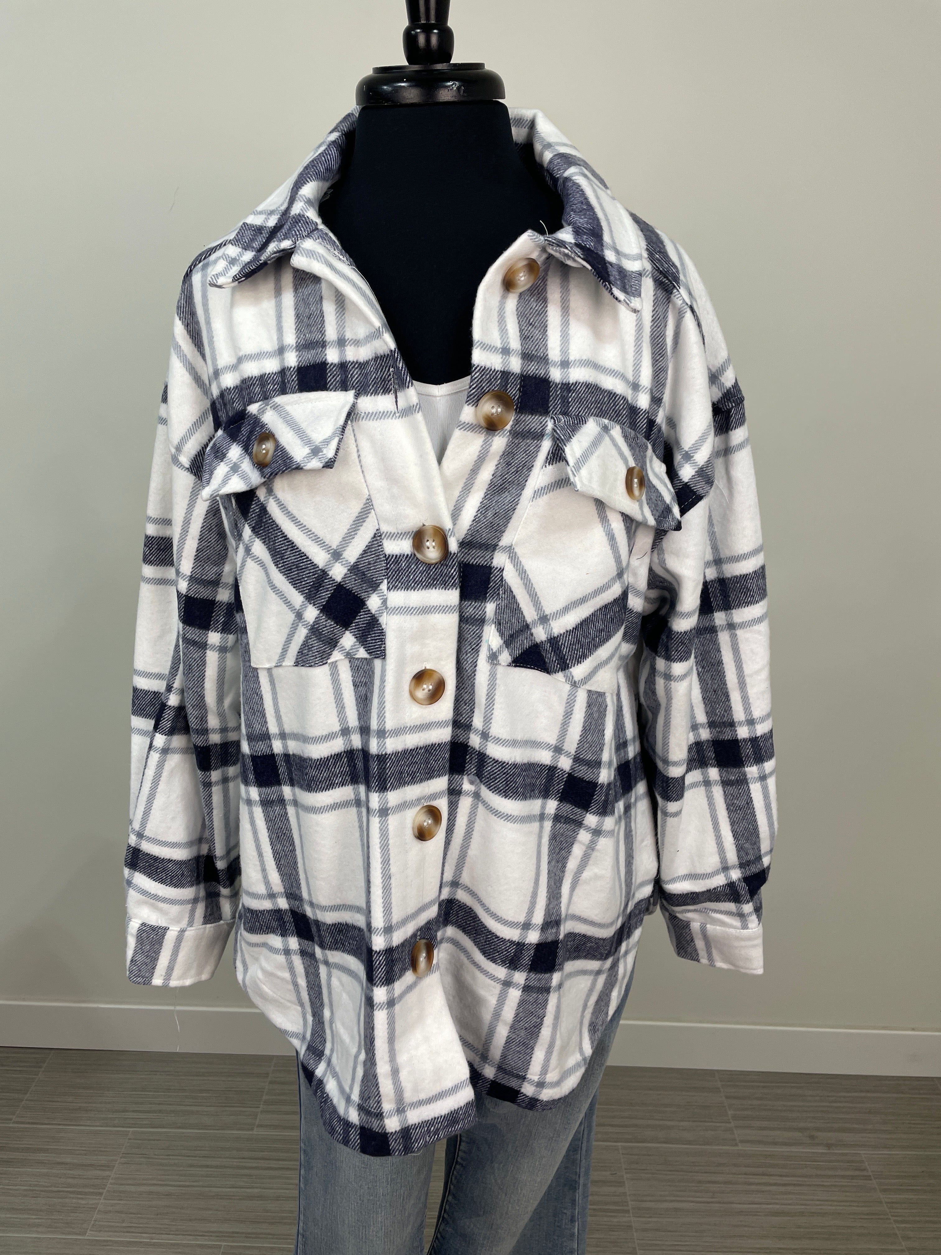 Blue & White Sherpa Plaid Shacket