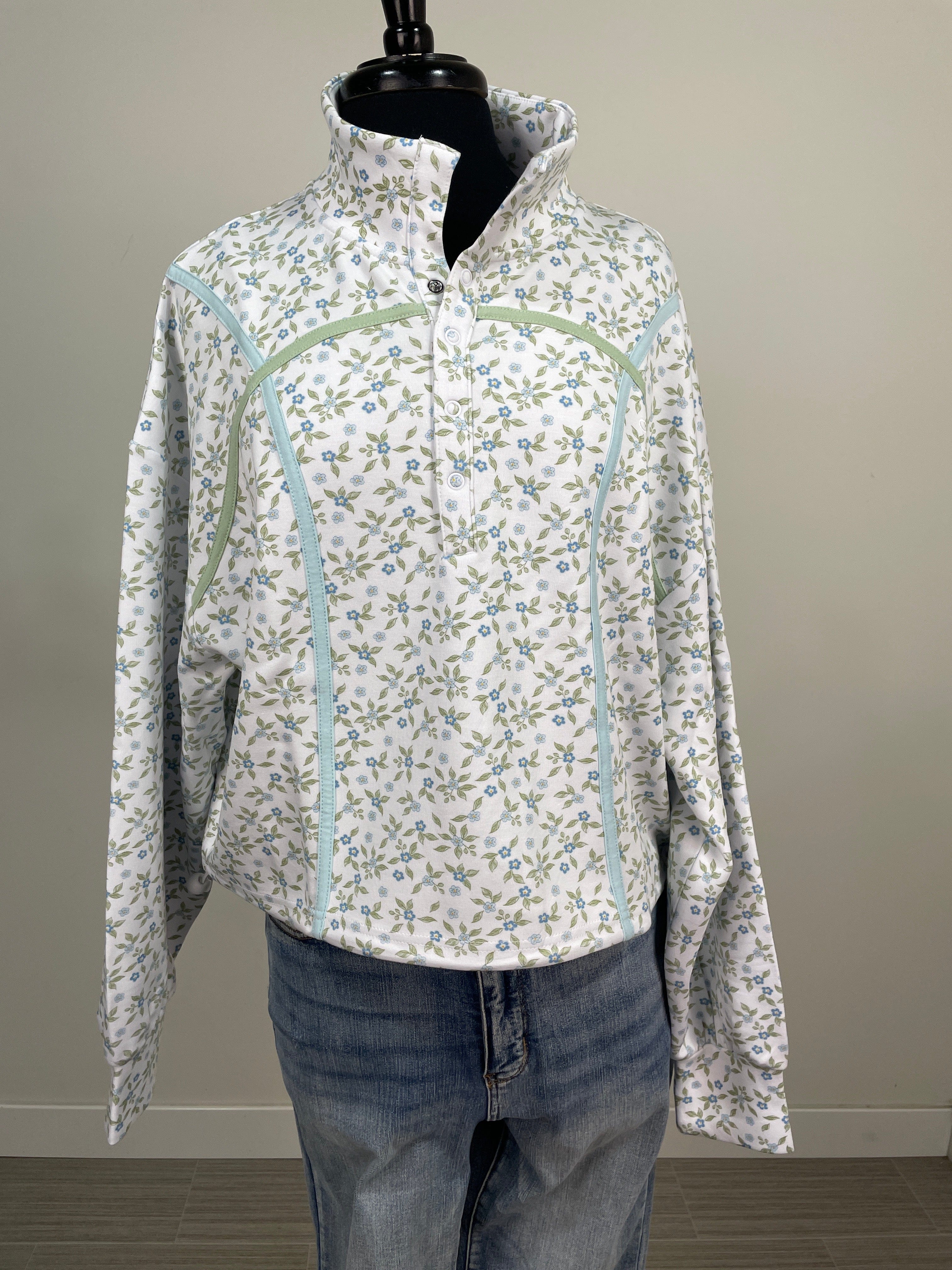 Blue & Green Floral Cinched Pullover