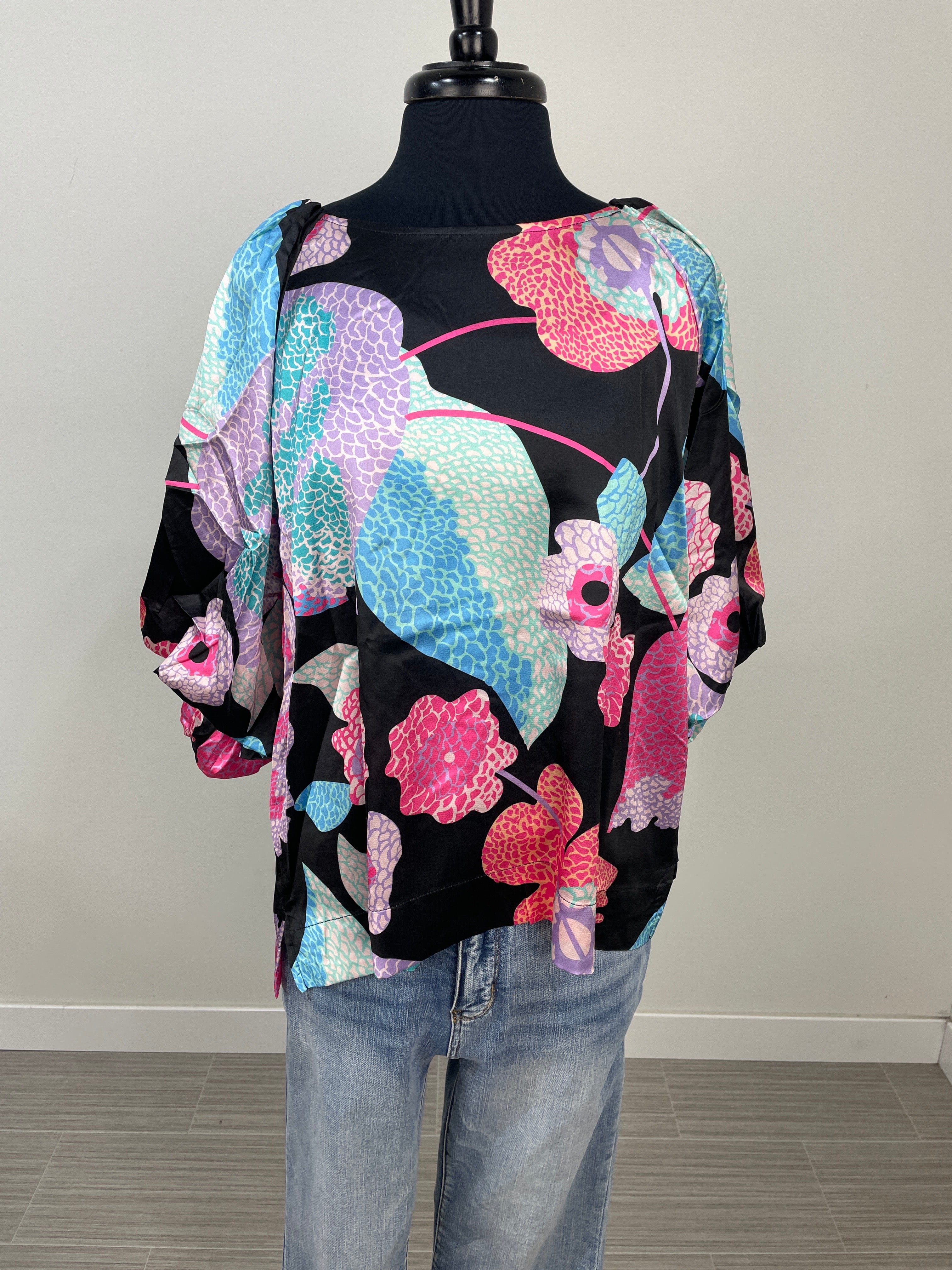 Black Floral Mix 3/4 Balloon Sleeve Blouse