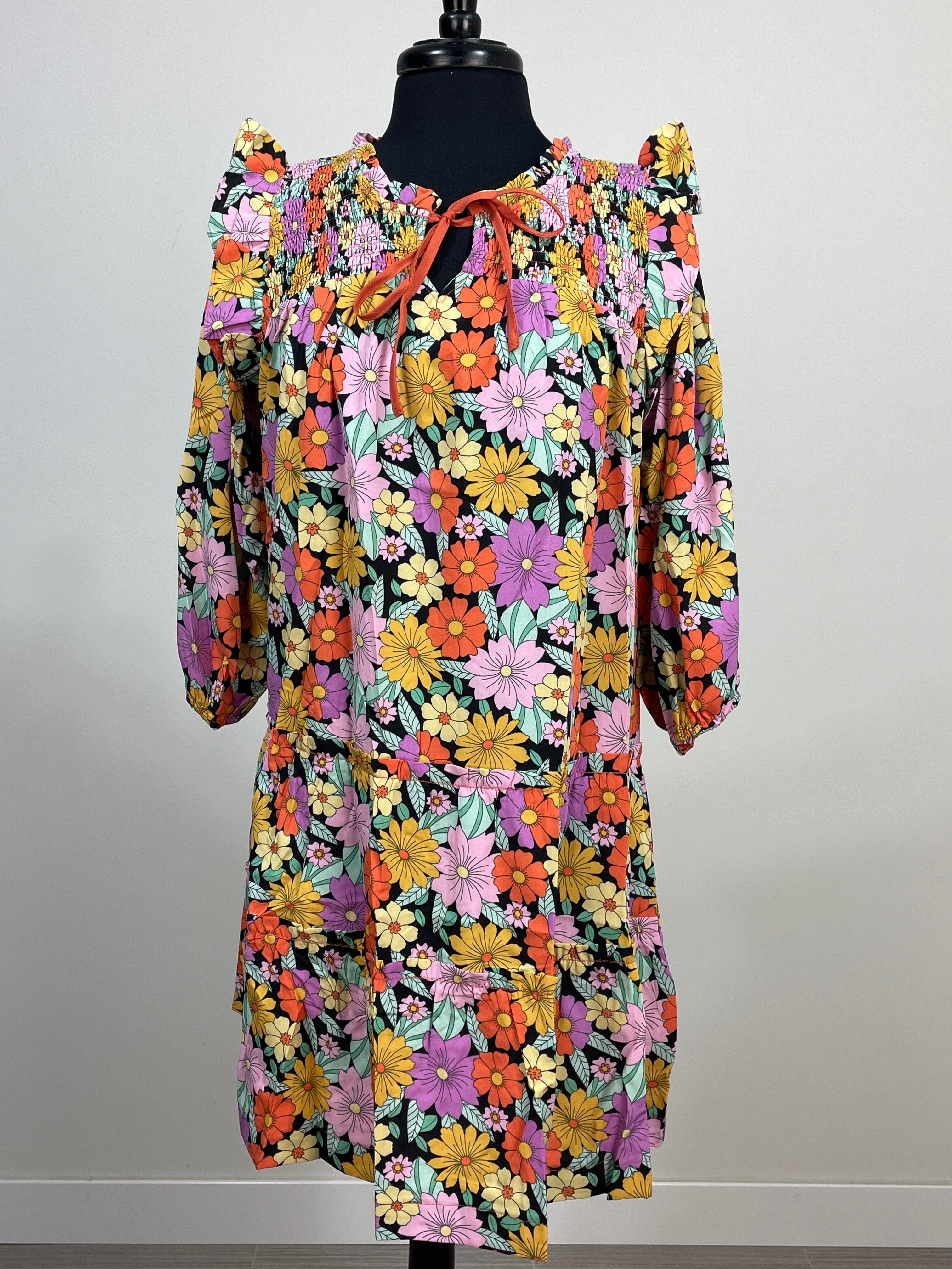Black Mix Floral Print Double Ruffle Tiered Dress