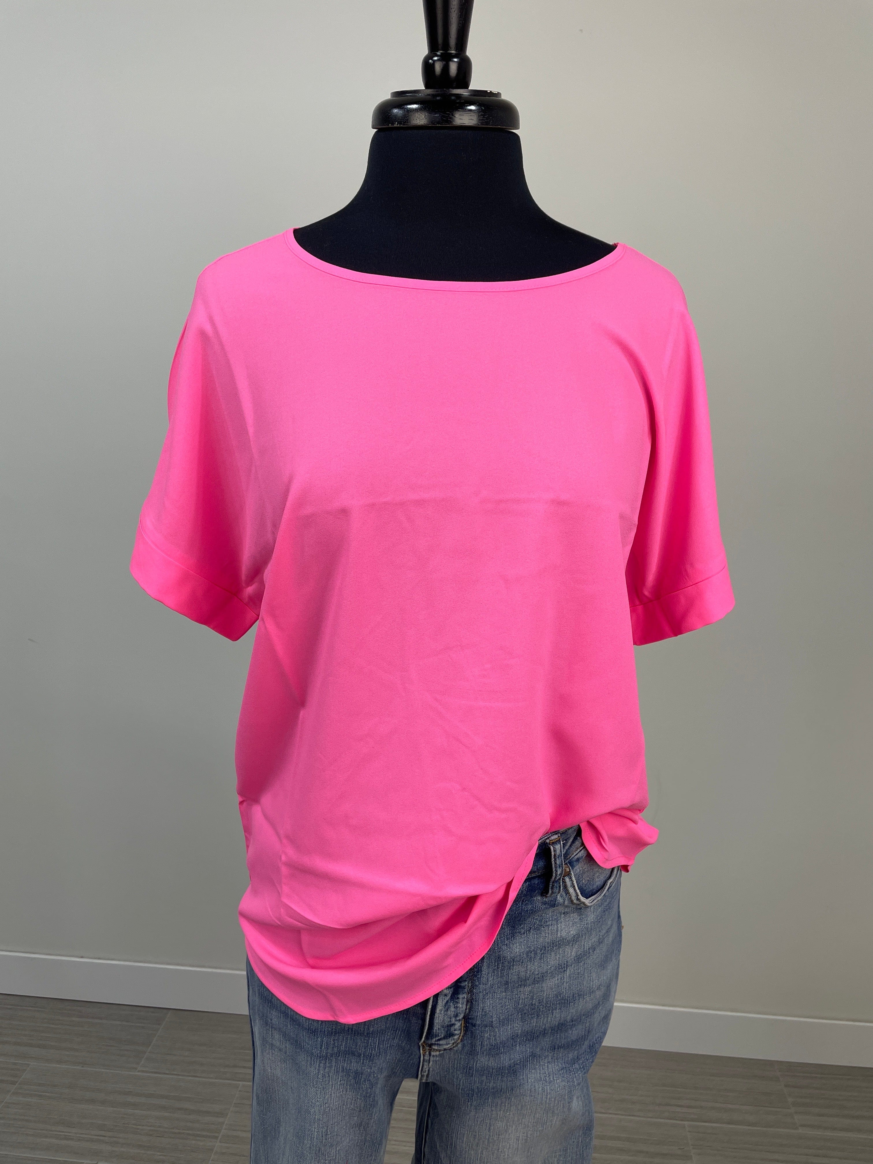 Neon Fuchsia Rolled Sleeve Boat Neck Top