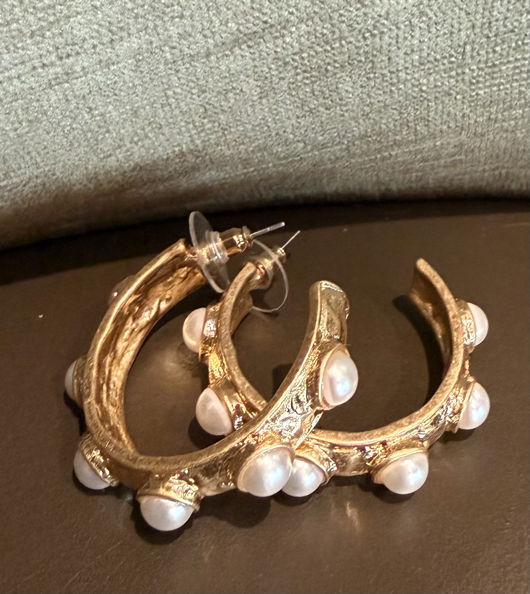 Gold Hammered Pearl Hoop Earring