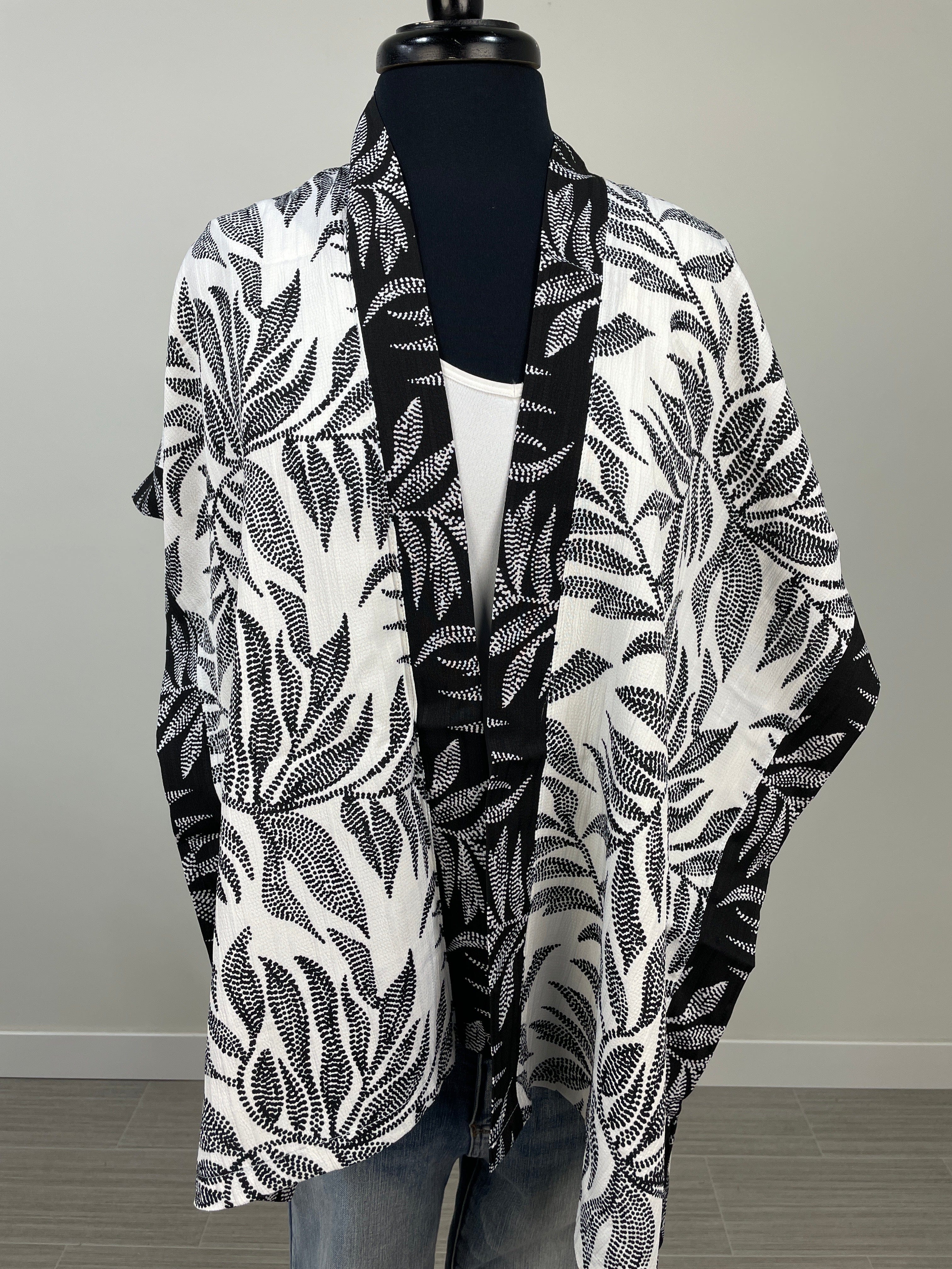 White & Black Leaf Print Kimono