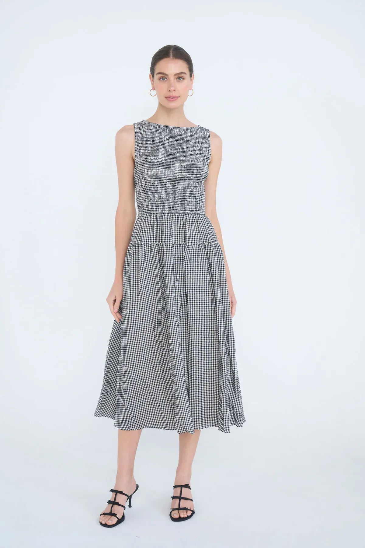 Black Smocked Gingham Tiered Midi Dress