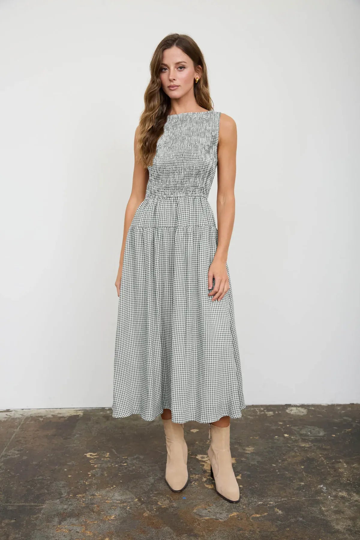 Hunter Green Smocked Gingham Tiered Midi Dress