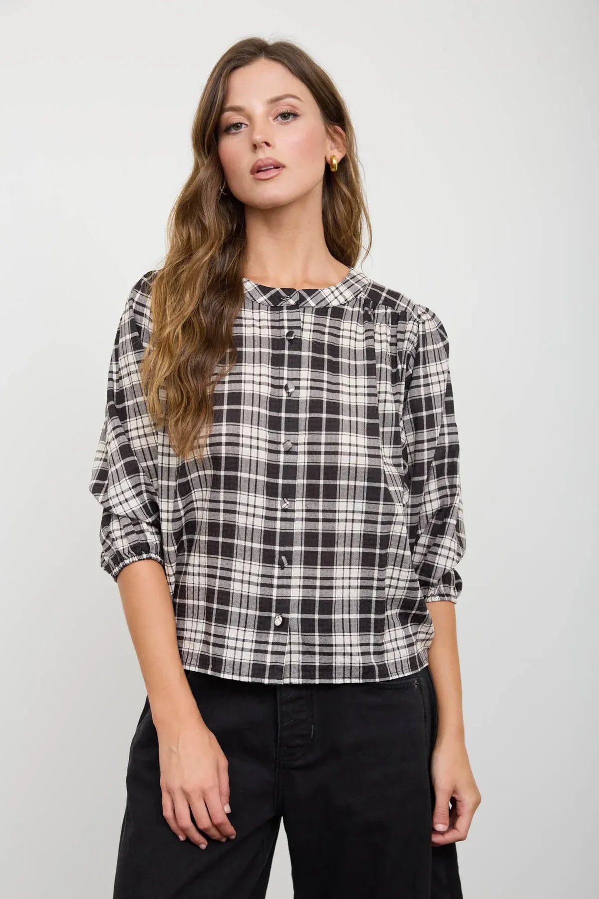 Black Plaid Button Front 3/4 Sleeve Top