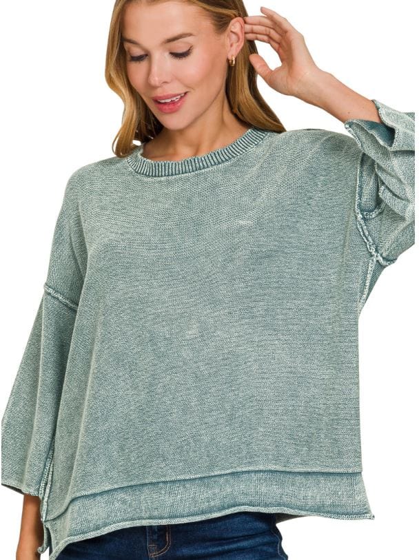 Ash Jade Washed 3/4 Sleeve Boxy Sweater