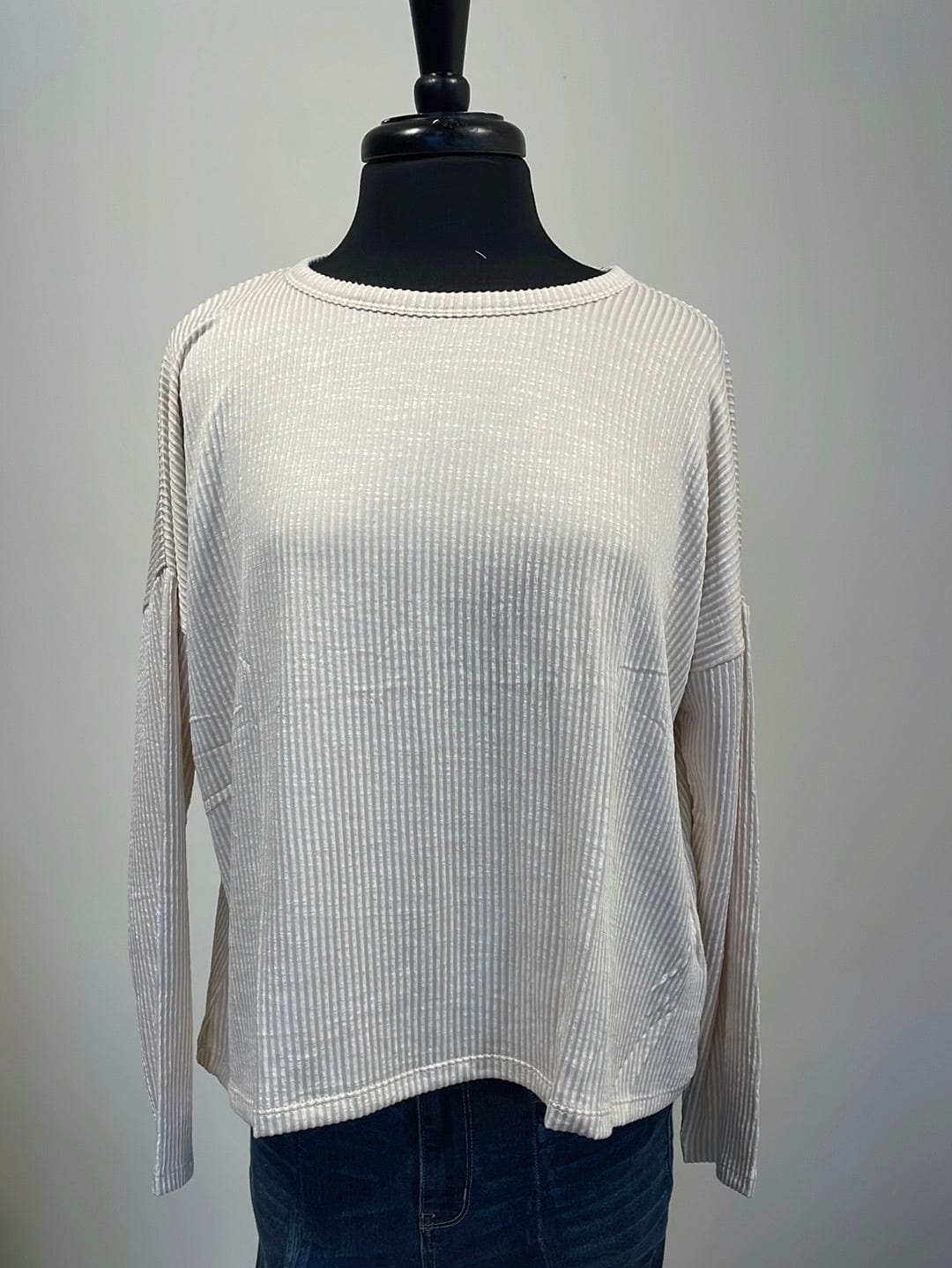 Sand Beige Ribbed Flounce Longsleeve Top
