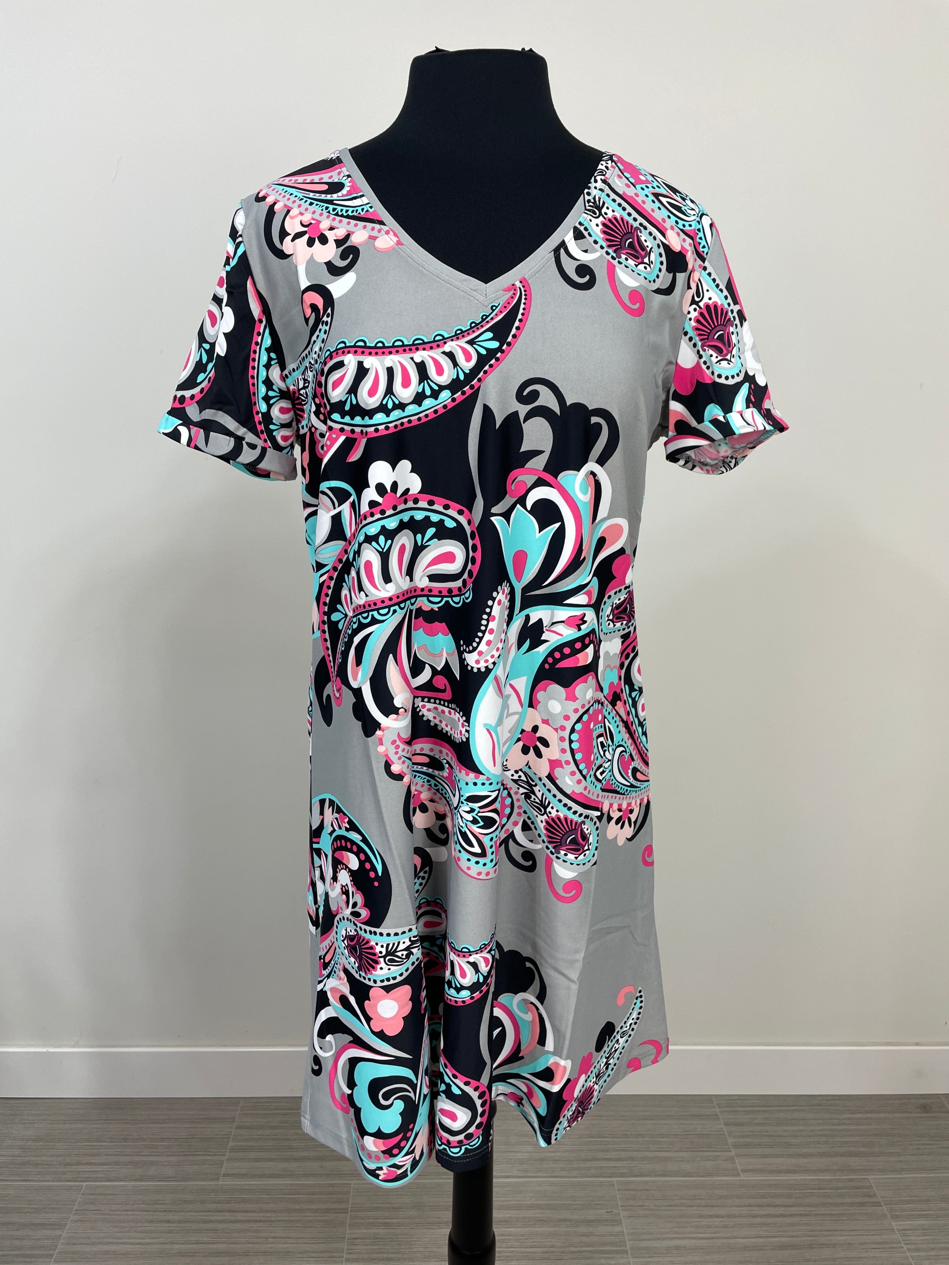 Grey Paisley Short Sleeve Dress