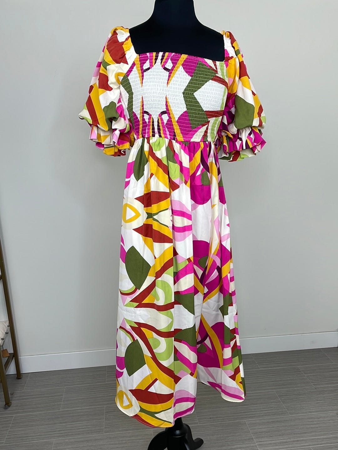 Fuchsia & Moss Patterned Bubble Sleeve Dress