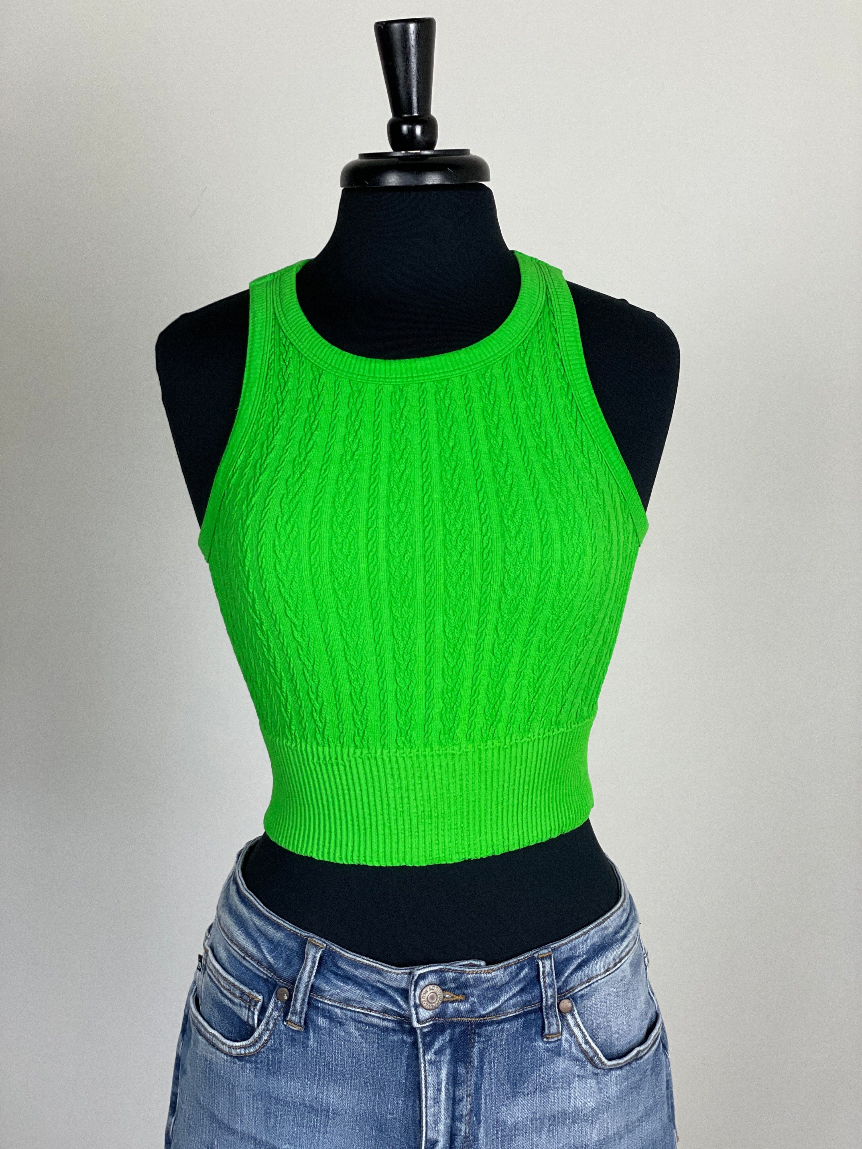 Green Cable Knit Highneck Crop Top
