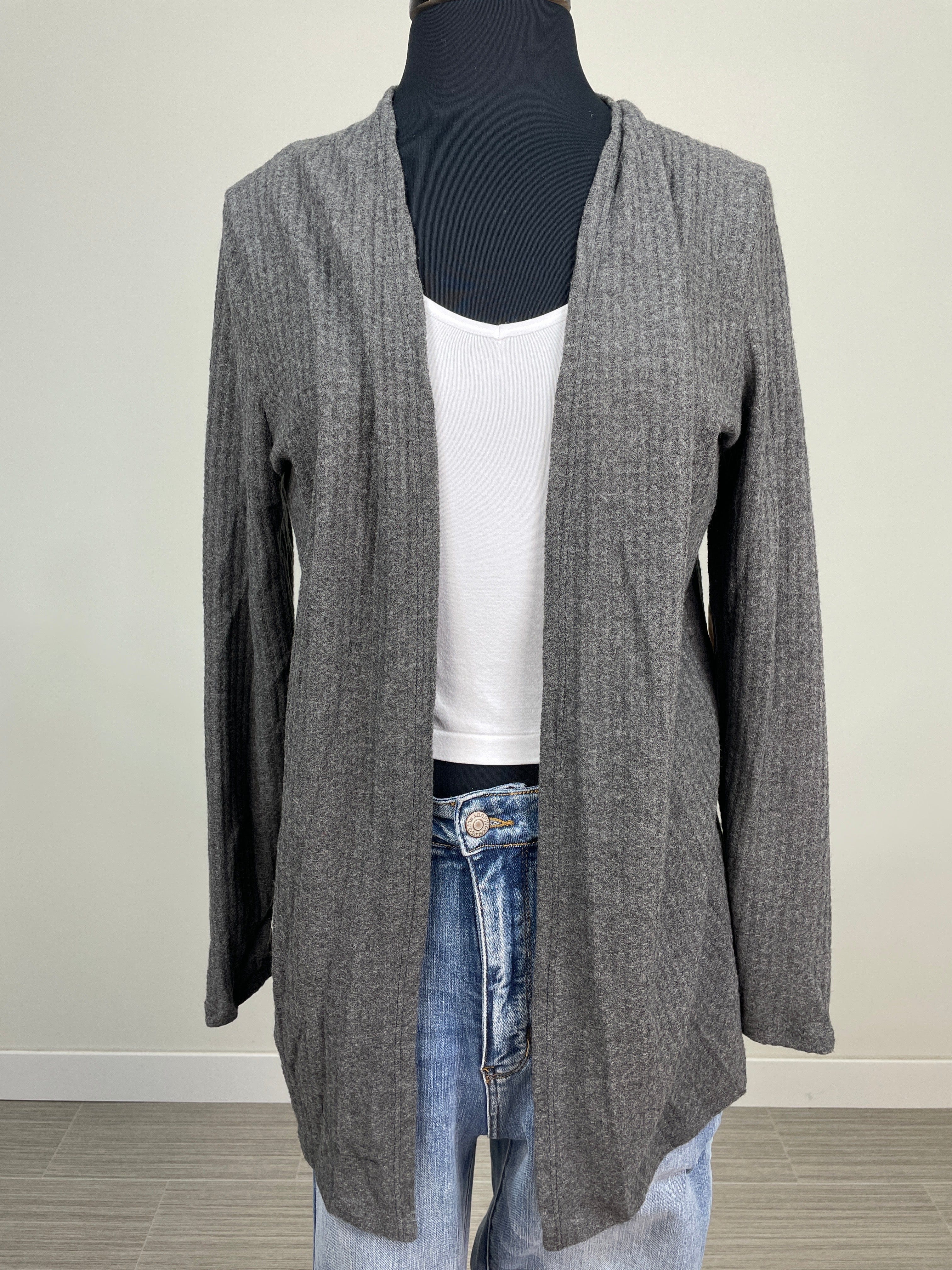 Charcoal Elbow Patch Waffle Cardigan