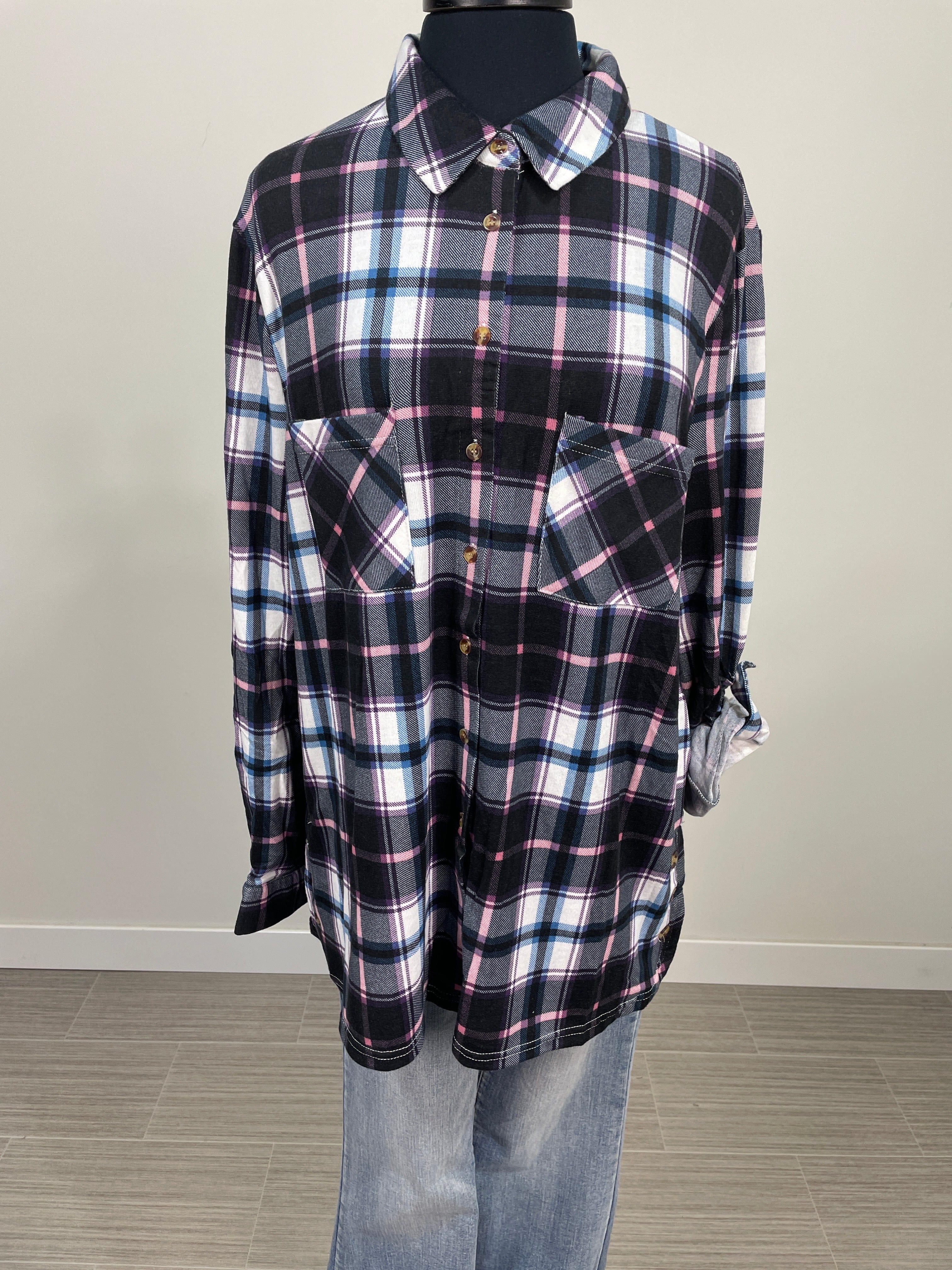 Black Multicolor Side Vent with Buttons Plaid Flannel