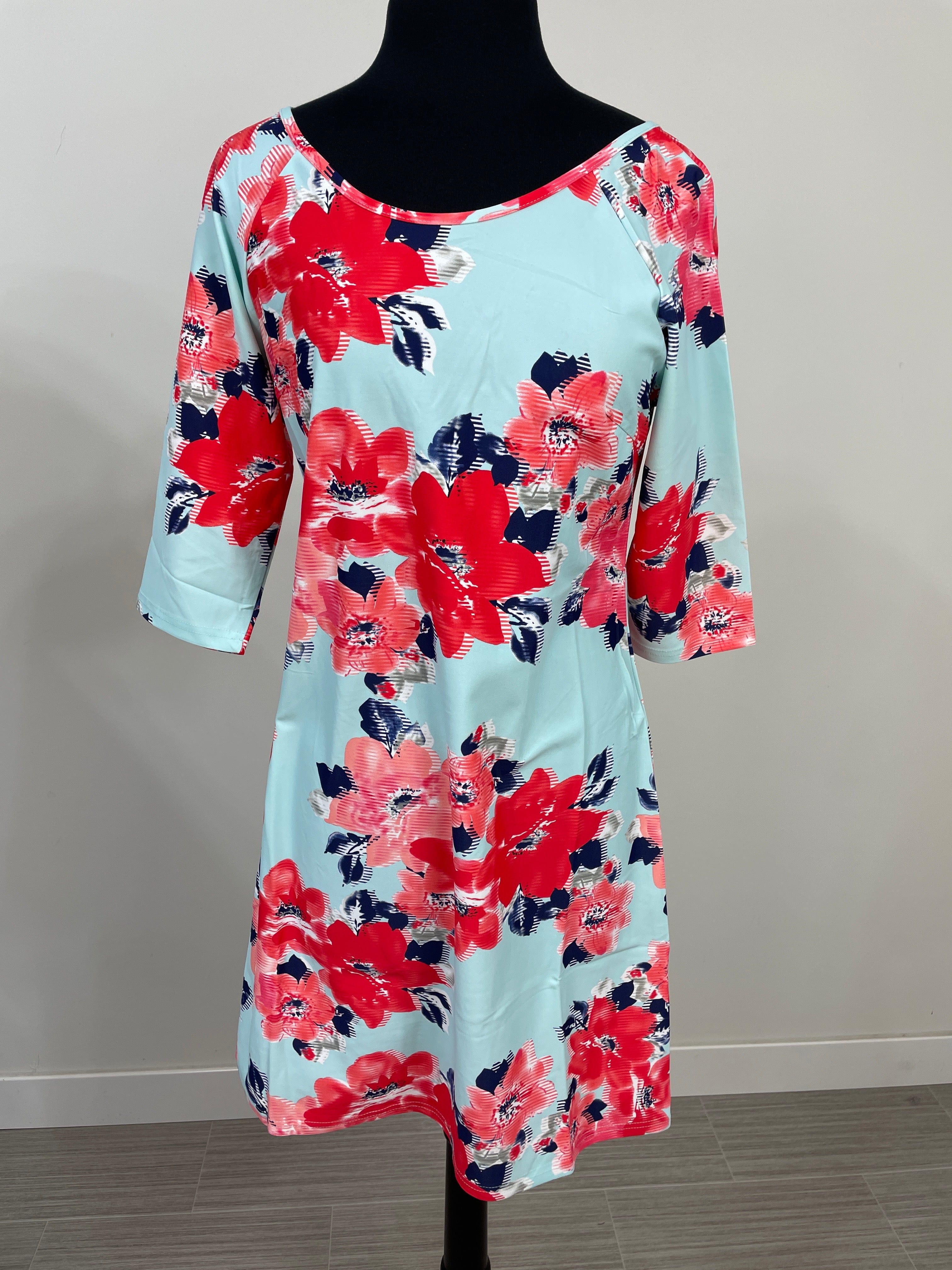 Aqua & Red Floral Gwen Crisscross Shift Dress