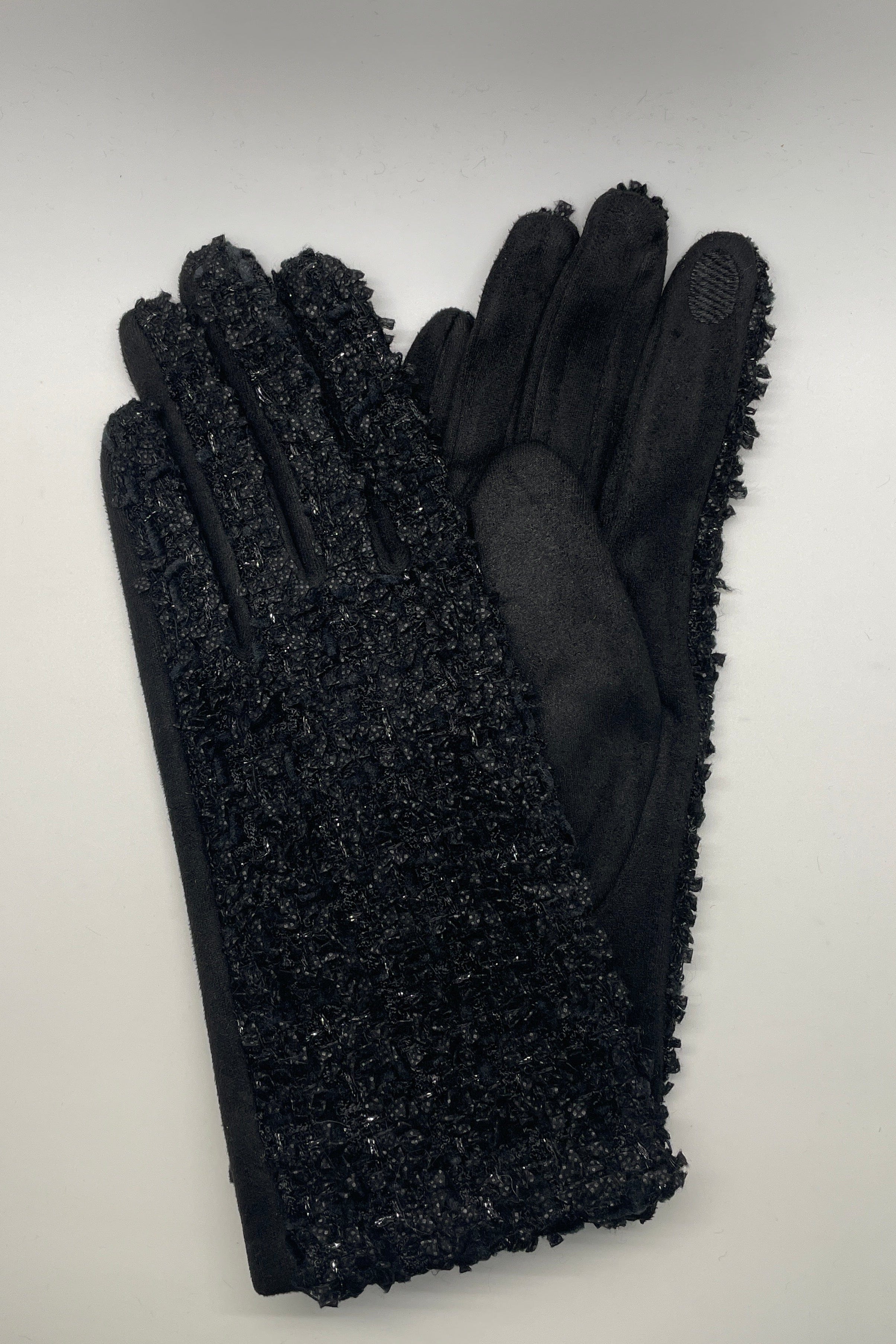 Black Shimmering Tweed Faux Suede Gloves