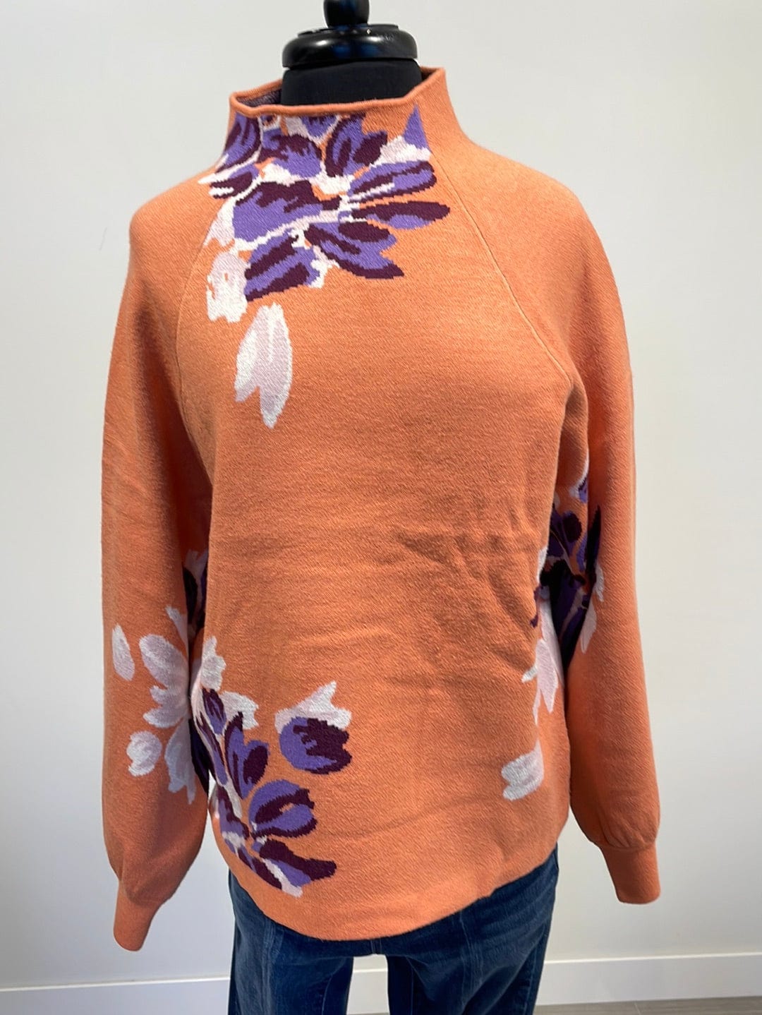 Papaya & Purple Flower Mock Neck Sweater