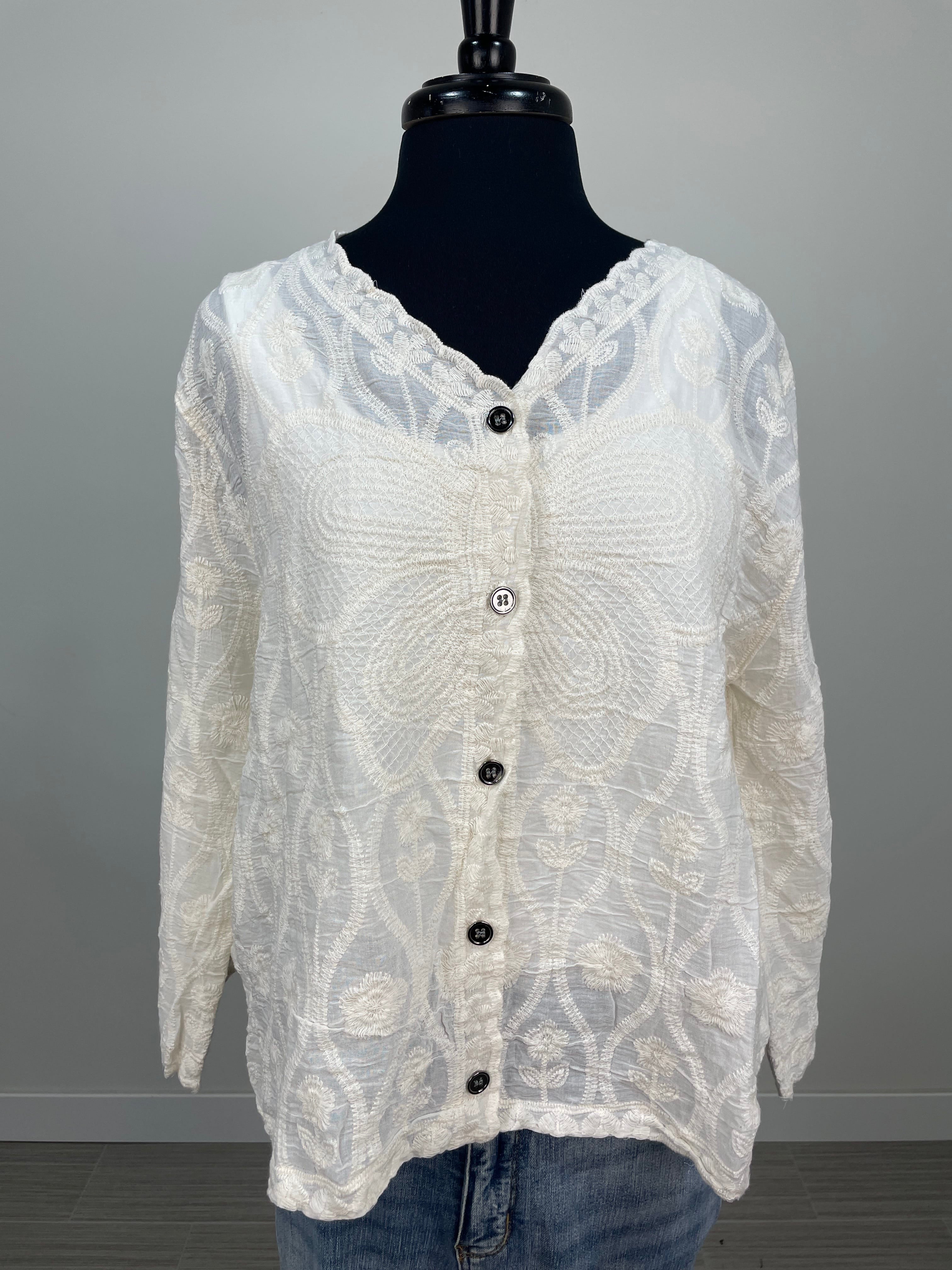 Natural Embroidery Button Cardigan