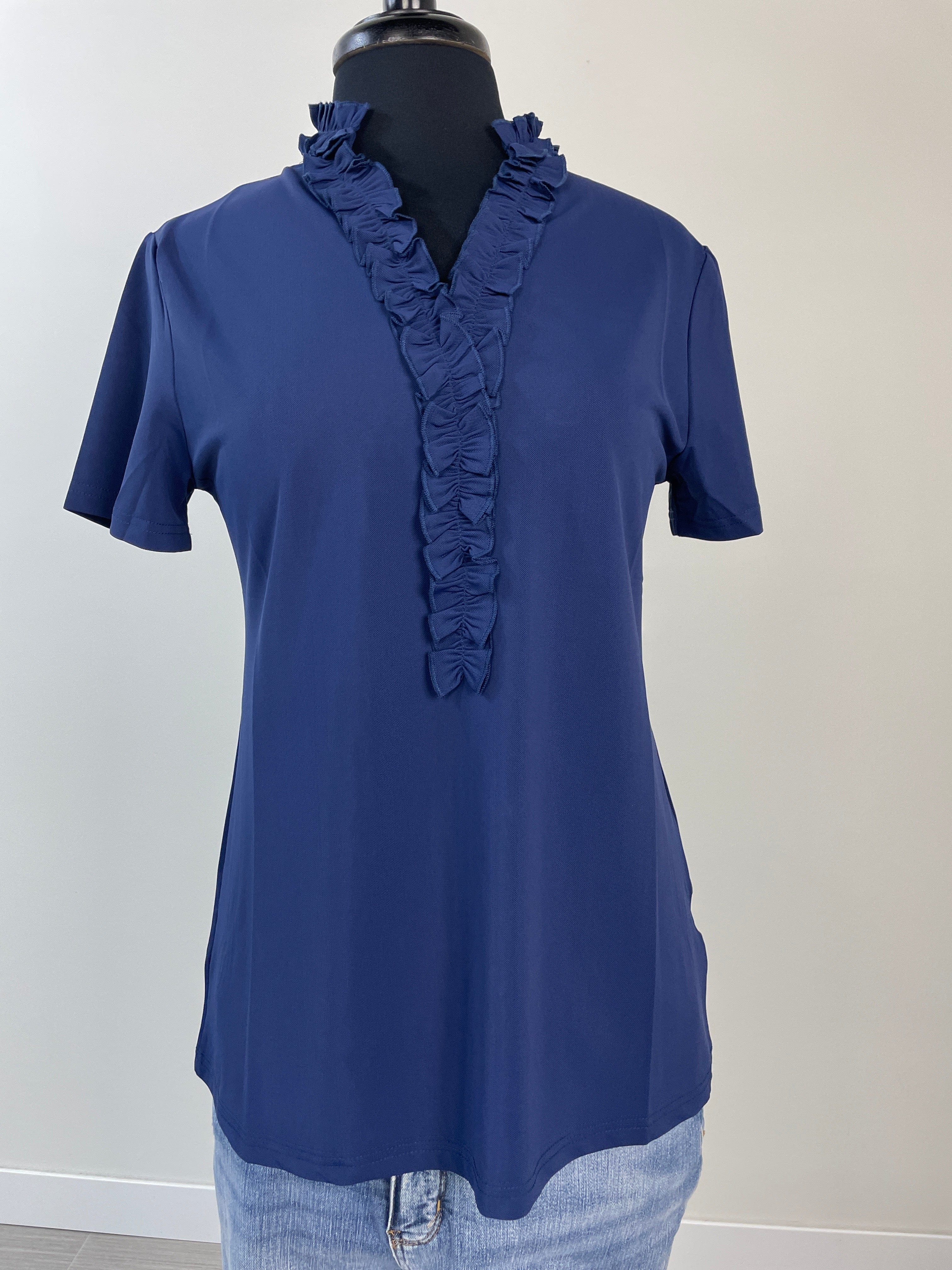 Navy Meredith Ruffle Neckline Top