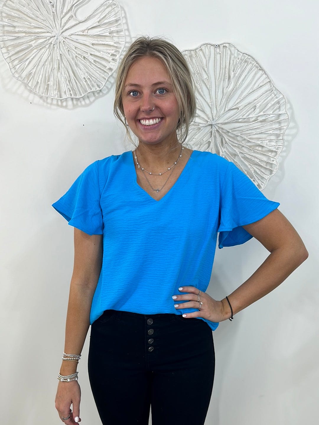 Sky Blue Woven Flutter Sleeve Top
